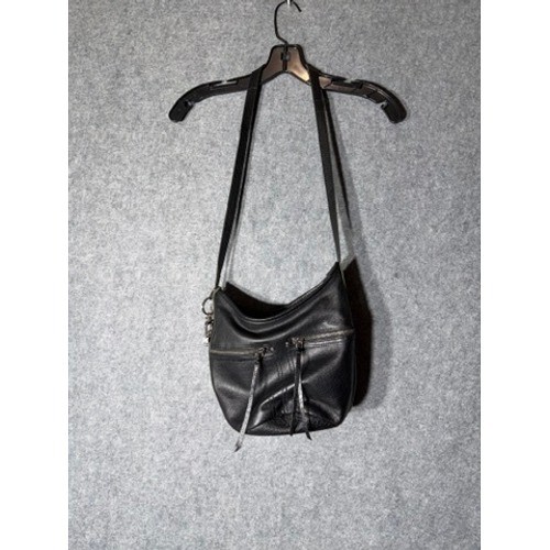 The Sak Black Pebbled Leather Crossbody Hobo Bag Silver Logo Charms Zip Pocket