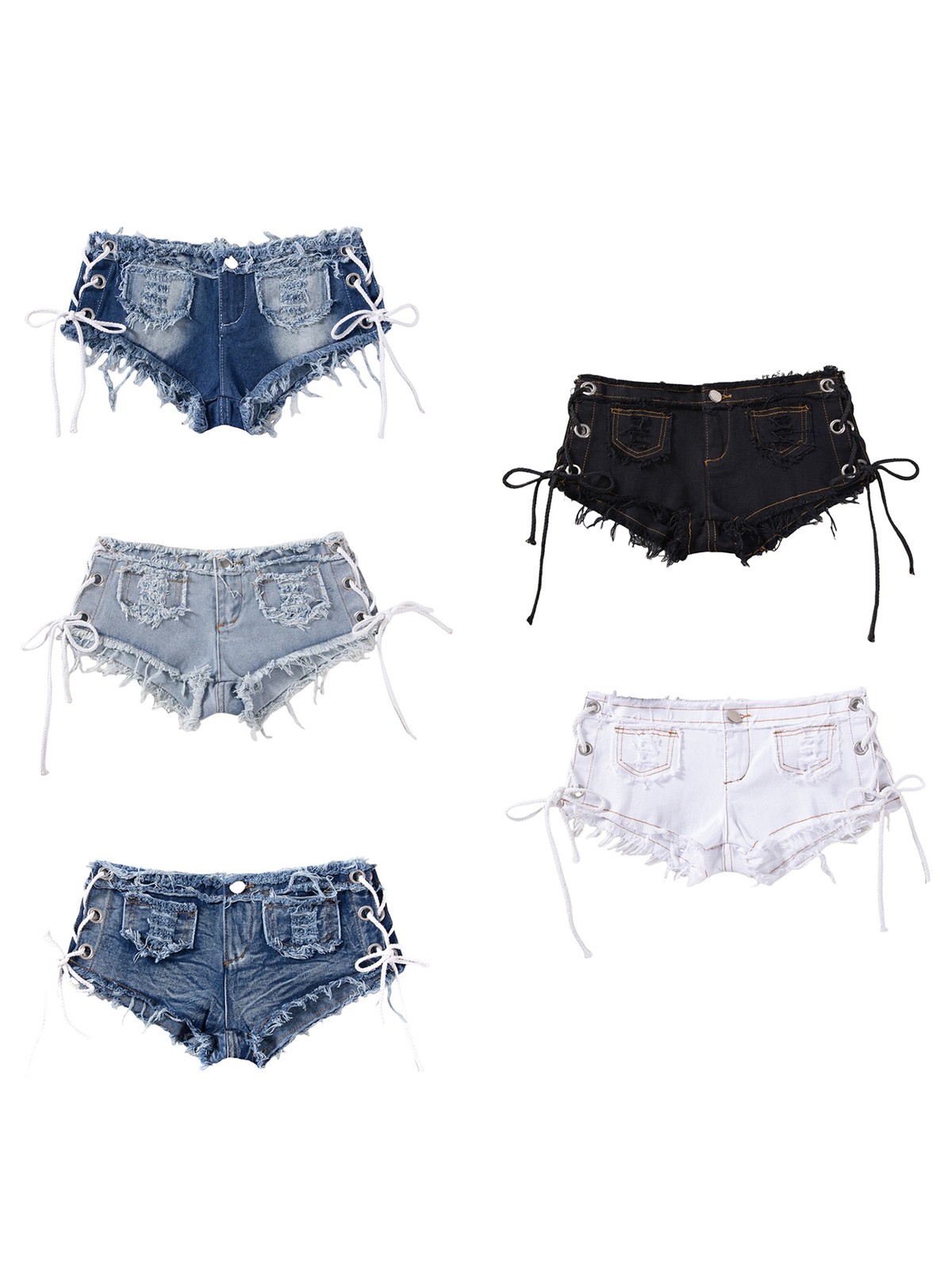 US YiZYiF Men Cut Off Low Rise Denim Ripped Shorts Distressed Side Tie Clubwear