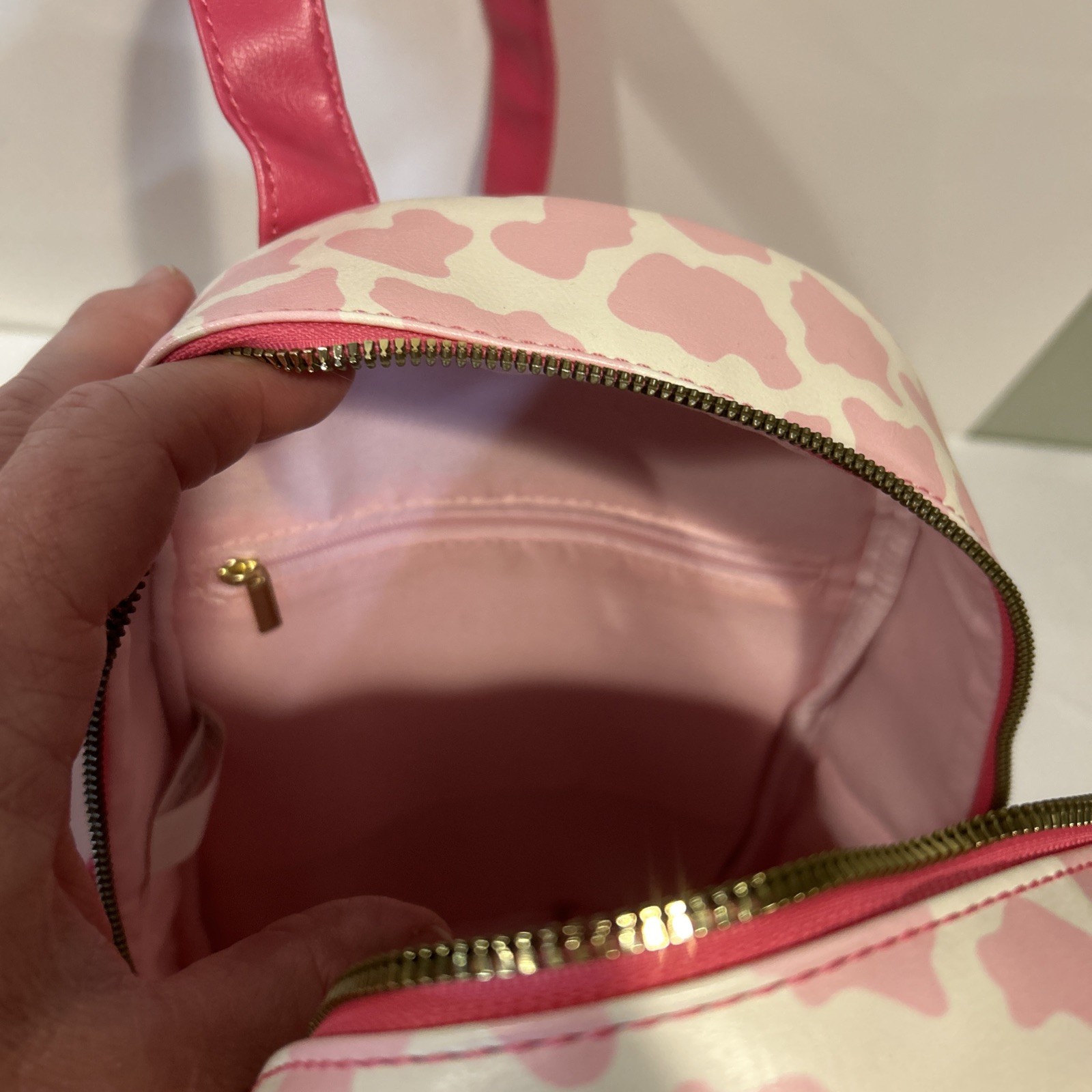 Strawberry Milk Cow Backpack Pink and White Used 11 Inches Gold Hardware Zipper