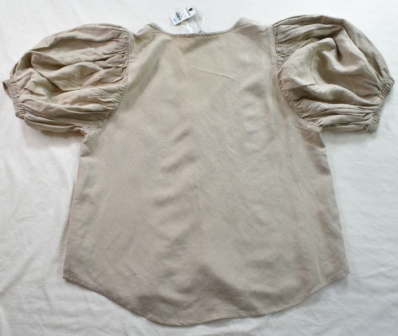 New Express Blouse Tan Linen Balloon Sleeve Shirt V Neck Button Top Boho Women M