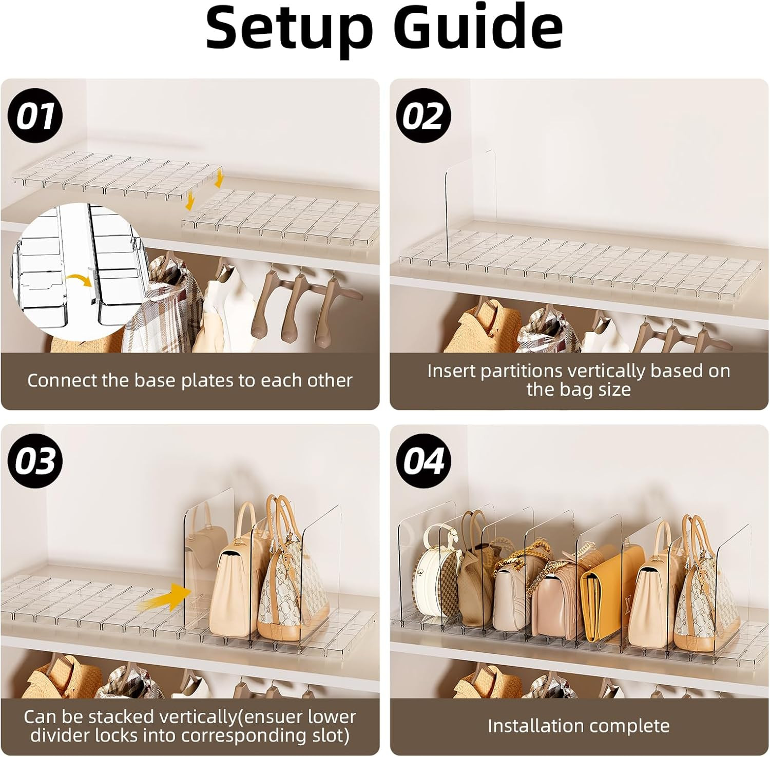 Stackable Bag & Purse Organizer for Closet Shelf Acrylic Shelf Dividers for Clos