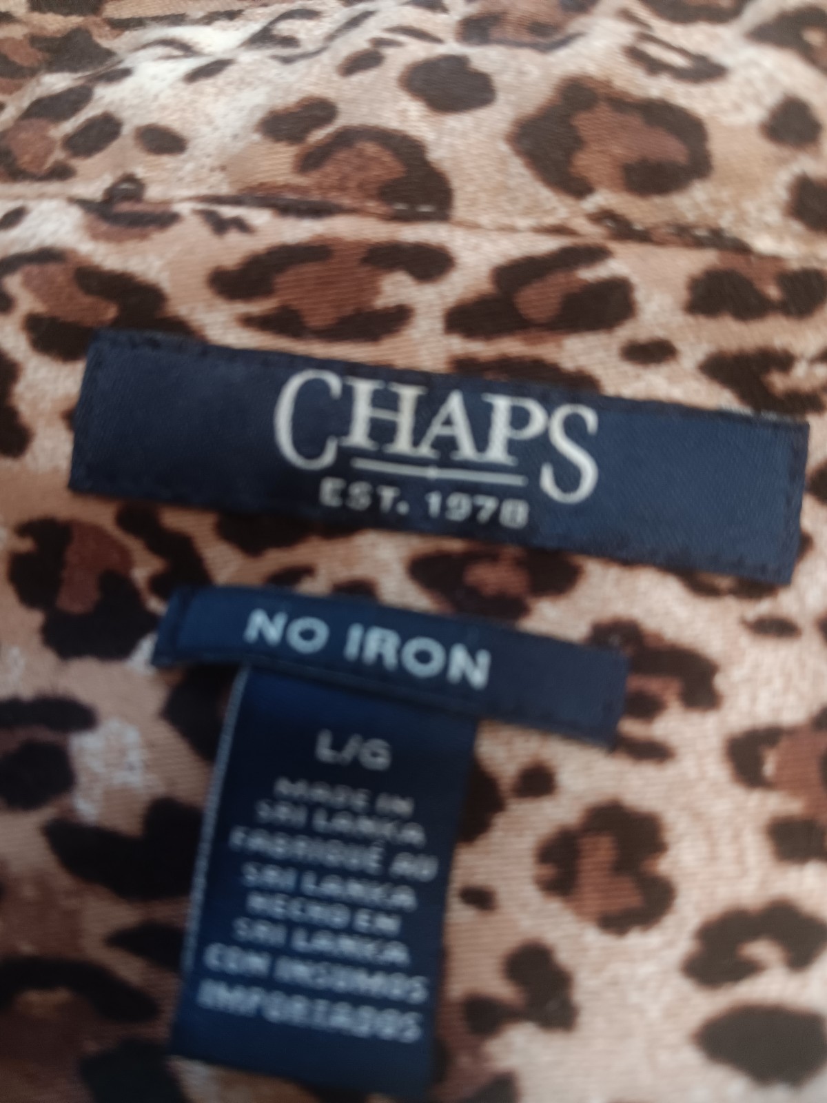 Chaps Non-Iron Brown Leopard Print Collared Long Sleeve Woven Cotton L/G