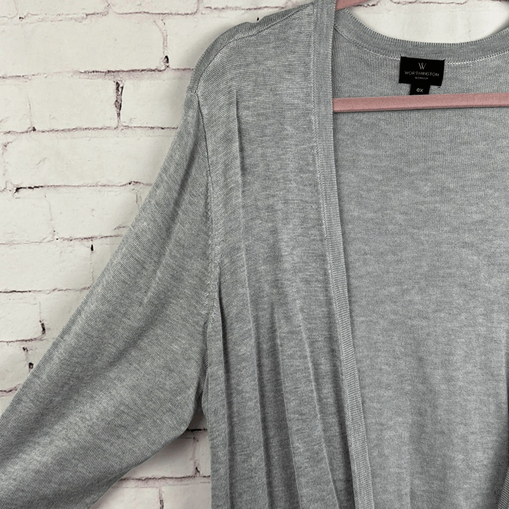 Worthington Sweater Womens L 0X Cardigan Open Longline 100% Rayon Heather Gray