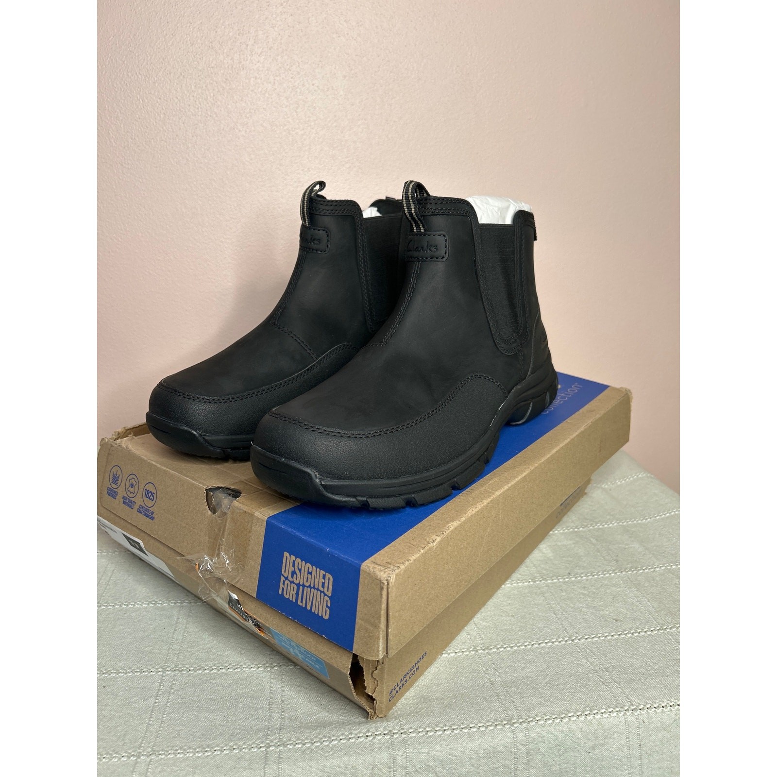 Clarks Men’s Walpath Easy Chelsea Boot Black Leather Size 12 W Waterproof New