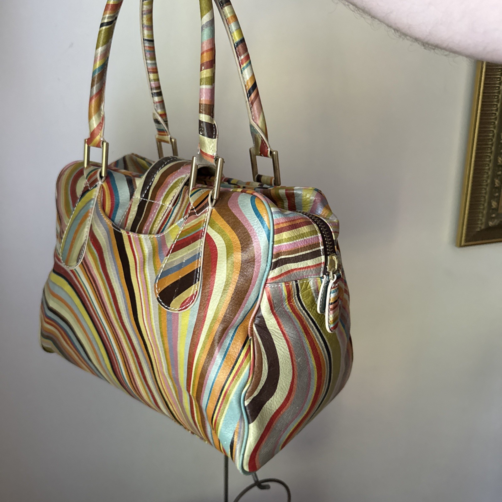 Paul Smith Classic Multicolour Swirl Leather Push Lock Shoulder Bowler Handbag