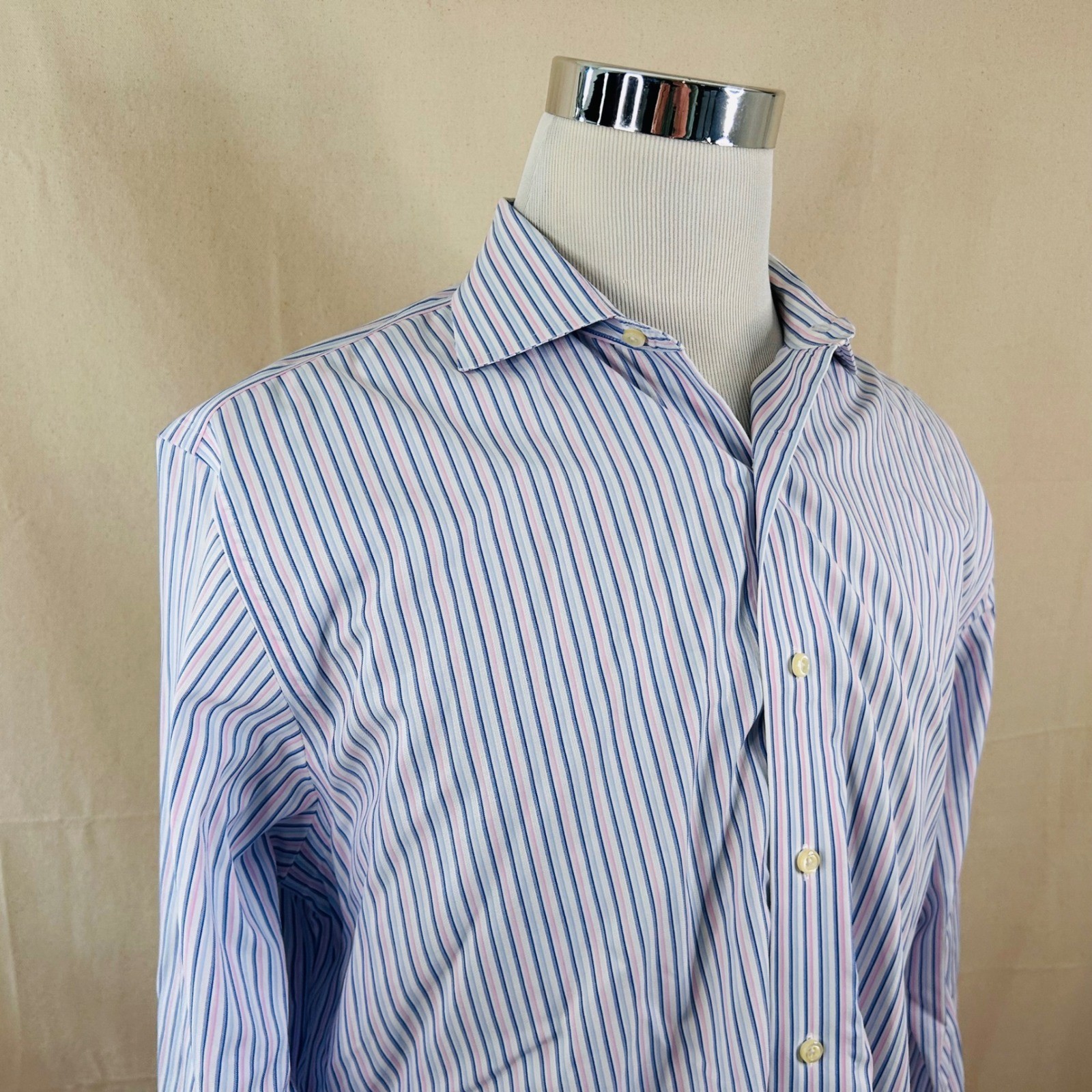 Brooks Brothers 17 35 Regent Fit Dress Shirt Blue Pink Striped Cotton Mens