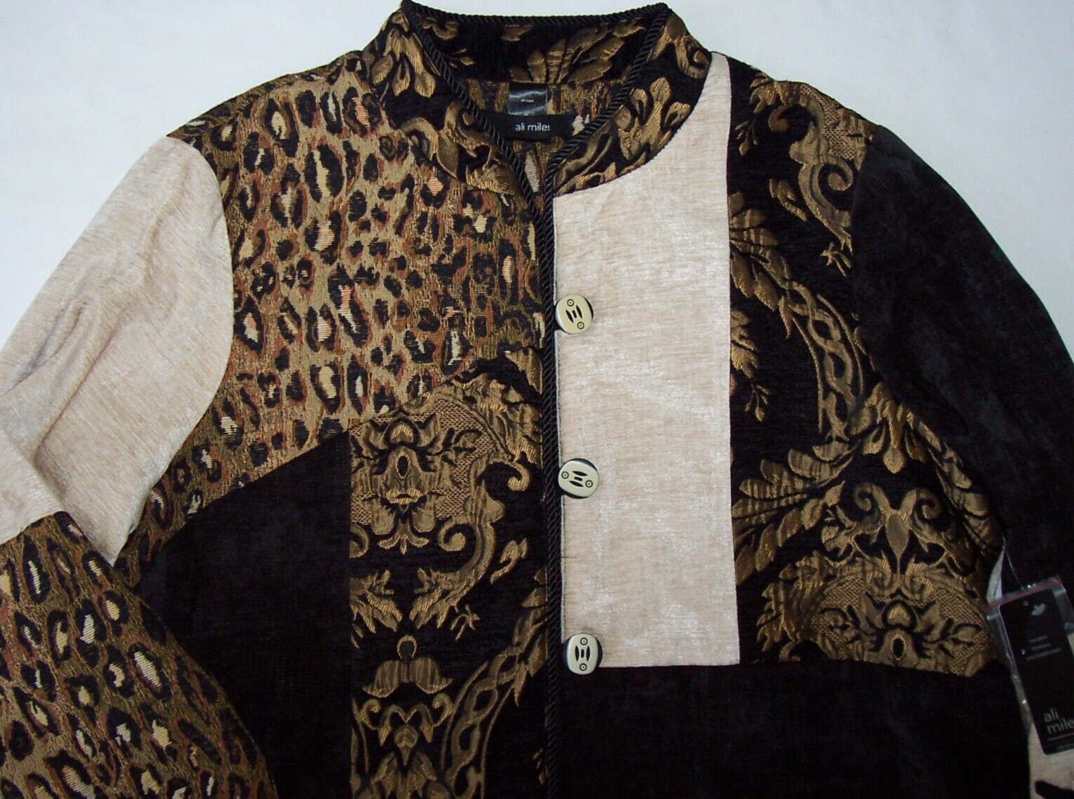 NWT Ali Miles Black/Brown/Beige MIXED TEXTURE Button Jacket L LEOPARD/Chenille