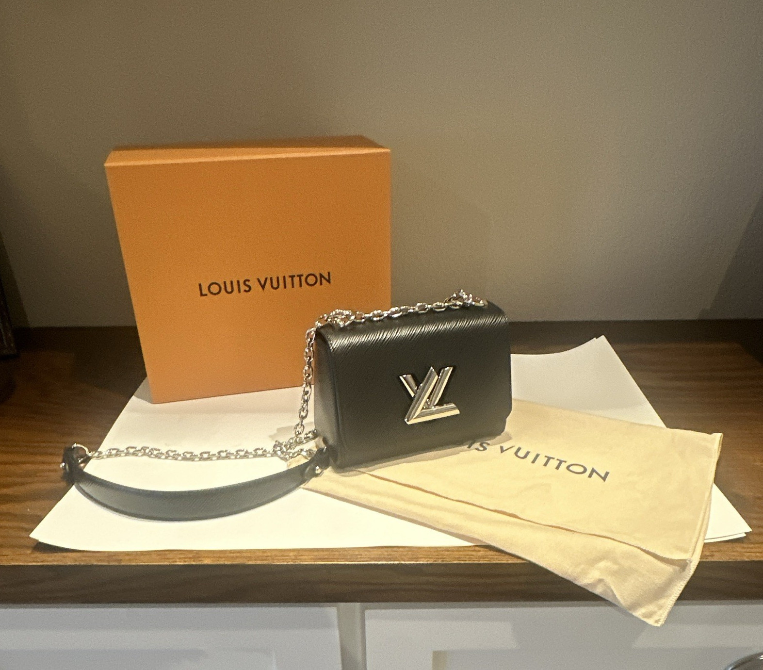 Louis Vuitton Black LV Logo Crossbody Bag Chain Strap Dust Bag Box