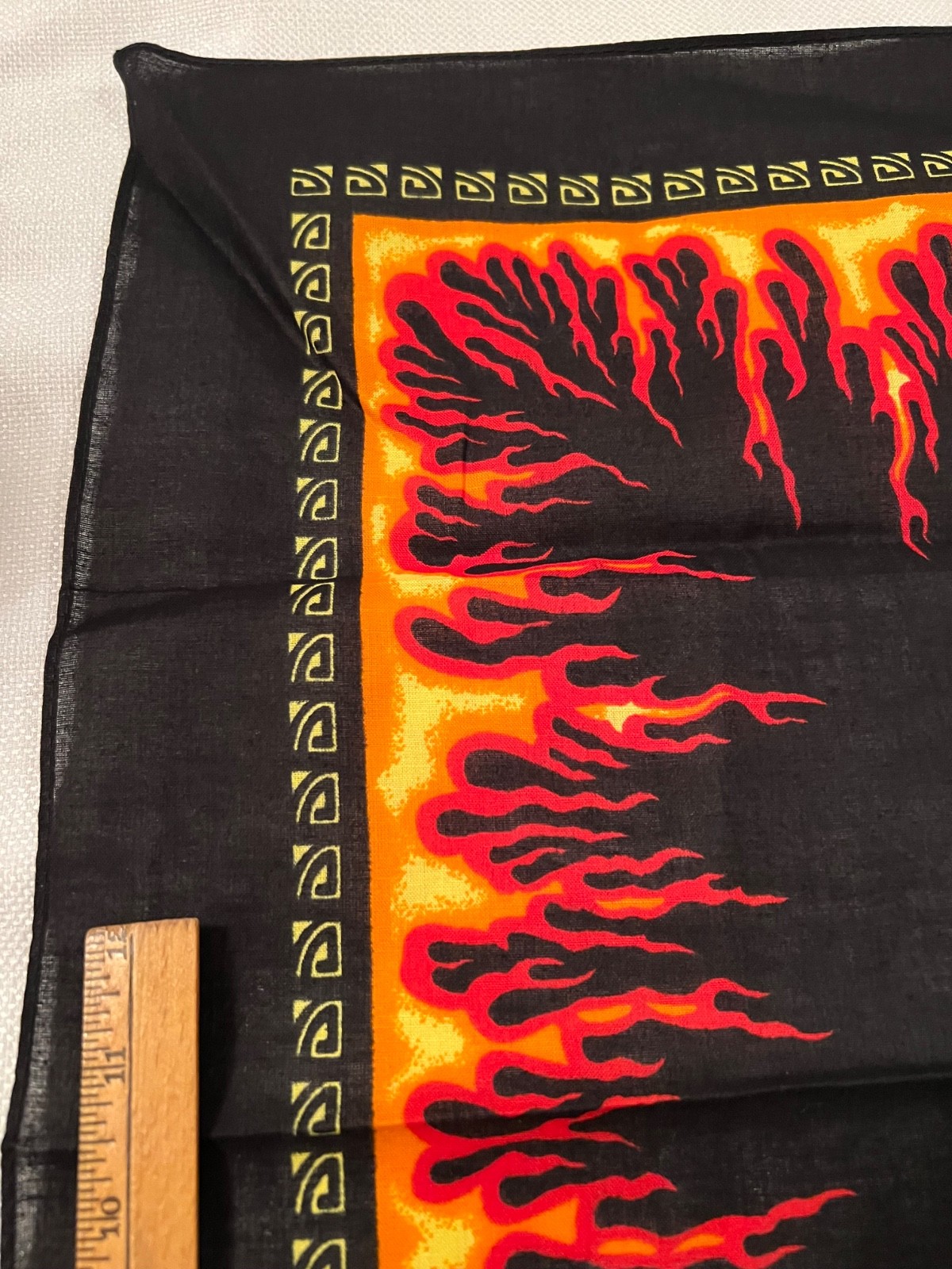 Cotton Bandana Flame Burst Fire Black Red Orange Yellow 21″ x 22″ NOS Never Used