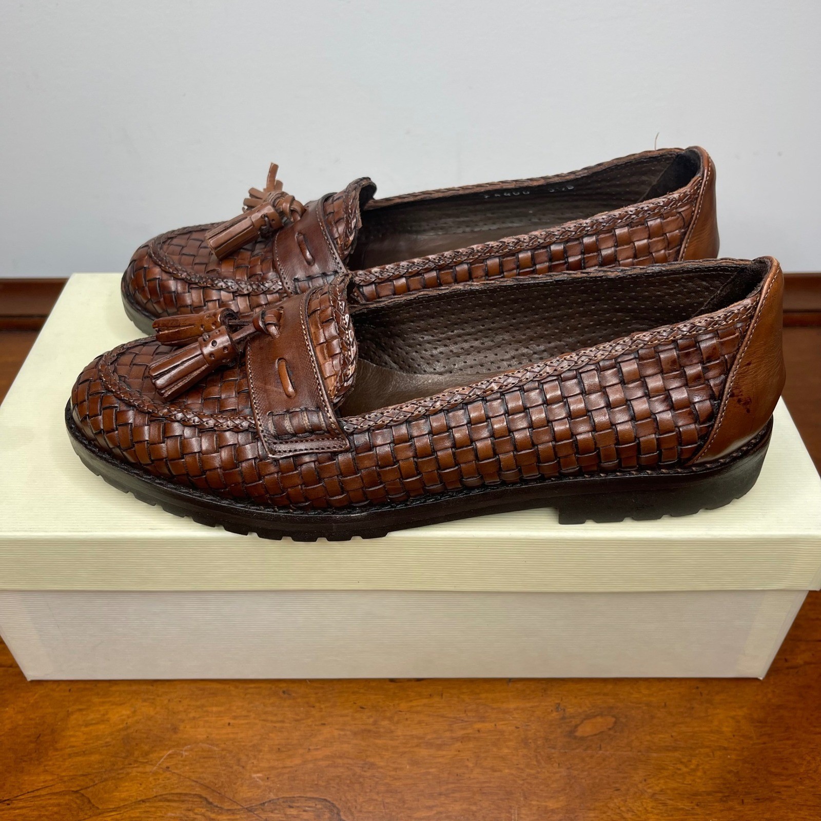 Vintage Italy Cole Haan Brina Linen Bone Woven Leather Tassel Loafers Brown 5.5B