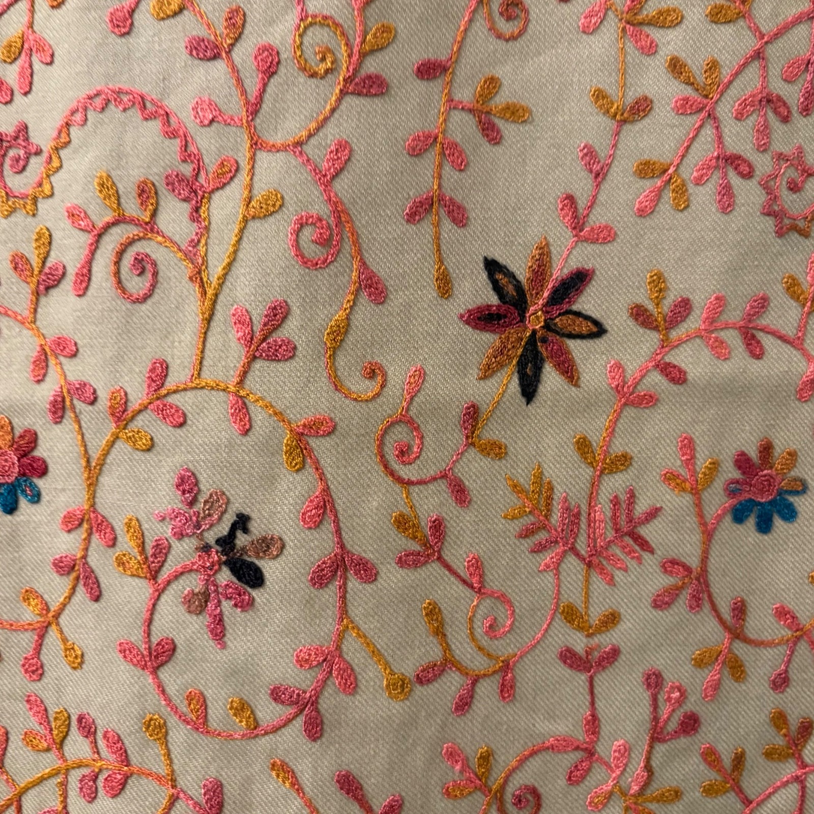 Beige Pink Floral EMBROIDERY SHAWL 38in x 76in Boho Lagenlook Soft Throw