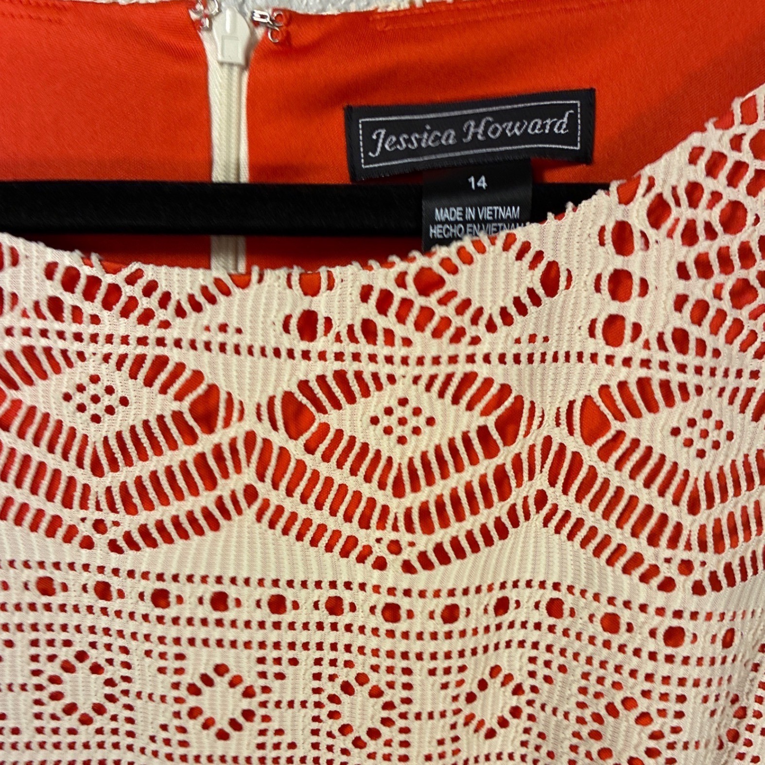 Jessica Howard Ivory Lace Overlay Orange Fringe Hem 3/4 Sleeve Dress Sz 14