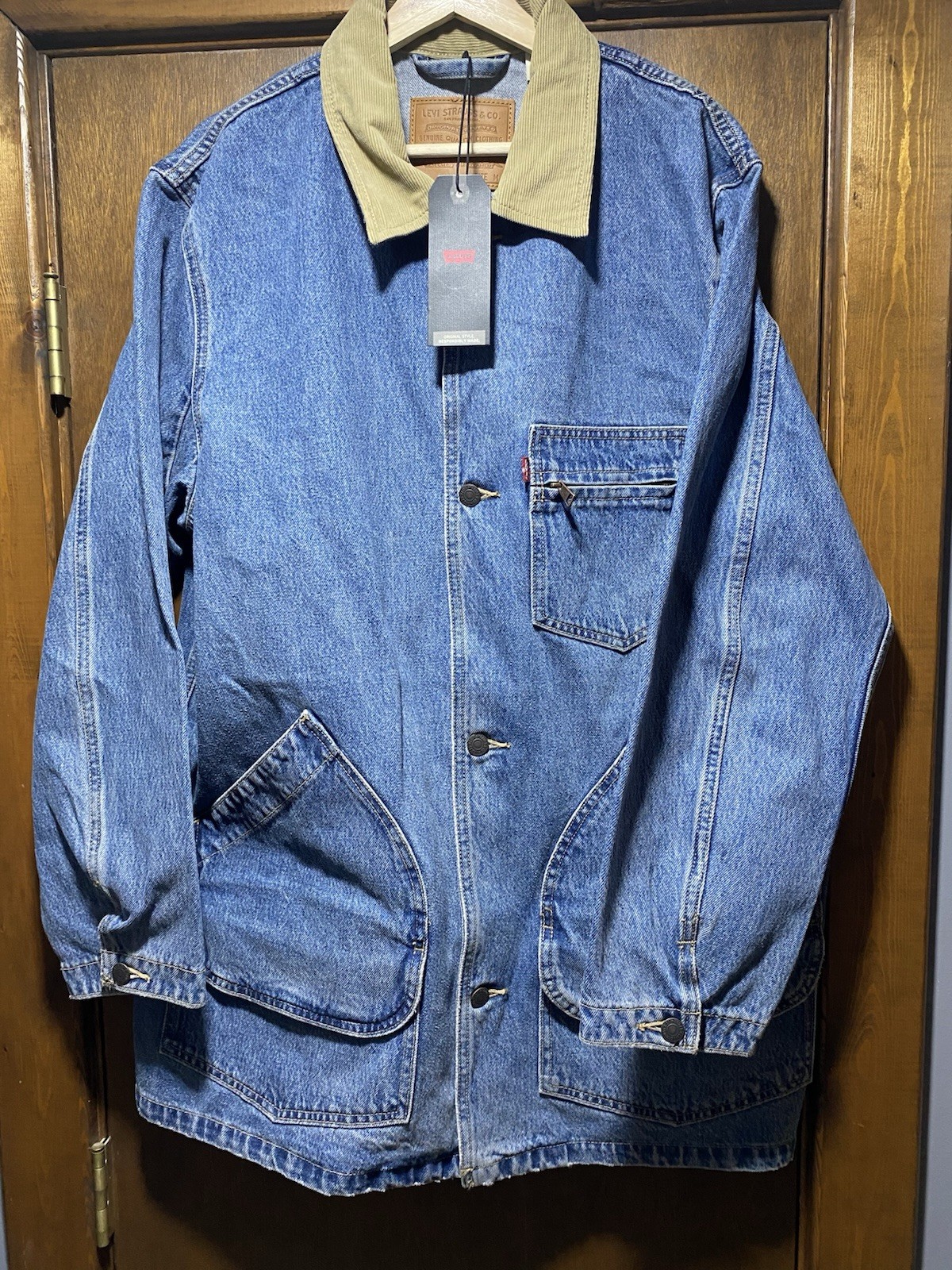Levi’s Men’s Blue Beige Denim Jacket M Button Logo Zipper Point Collar Casual