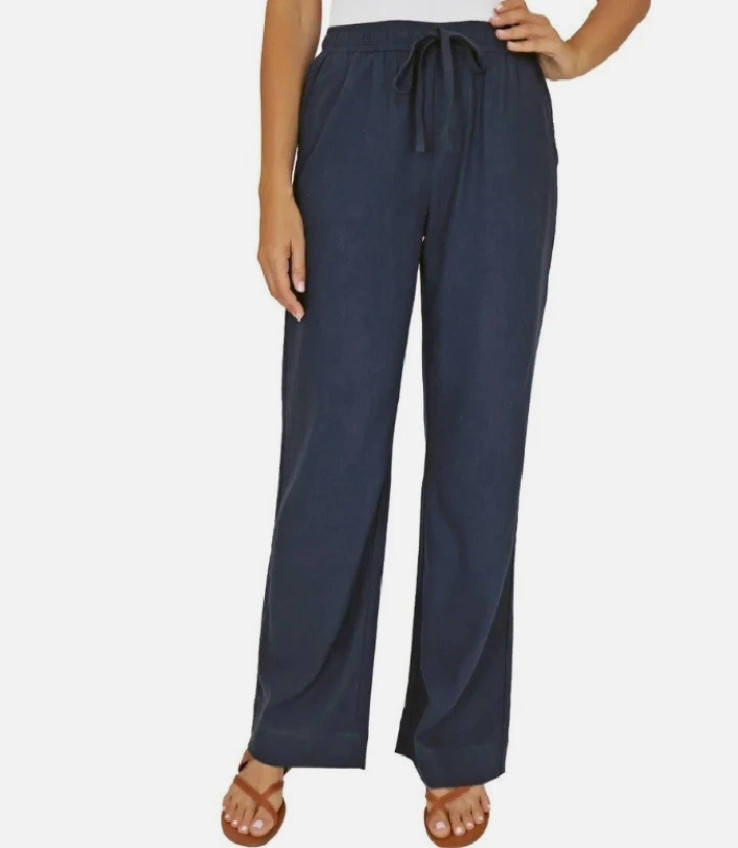 Briggs Women’s M Linen Blend Navy Pull-On Pant Wide Relaxed Leg