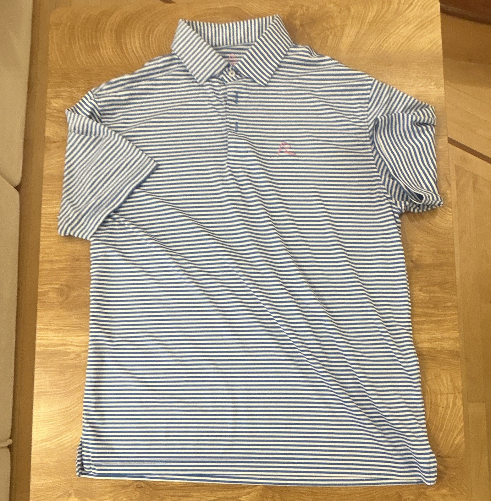 Rhoback Men’s Polo Shirt L Blue/White Striped Short Sleeve Collared Logo