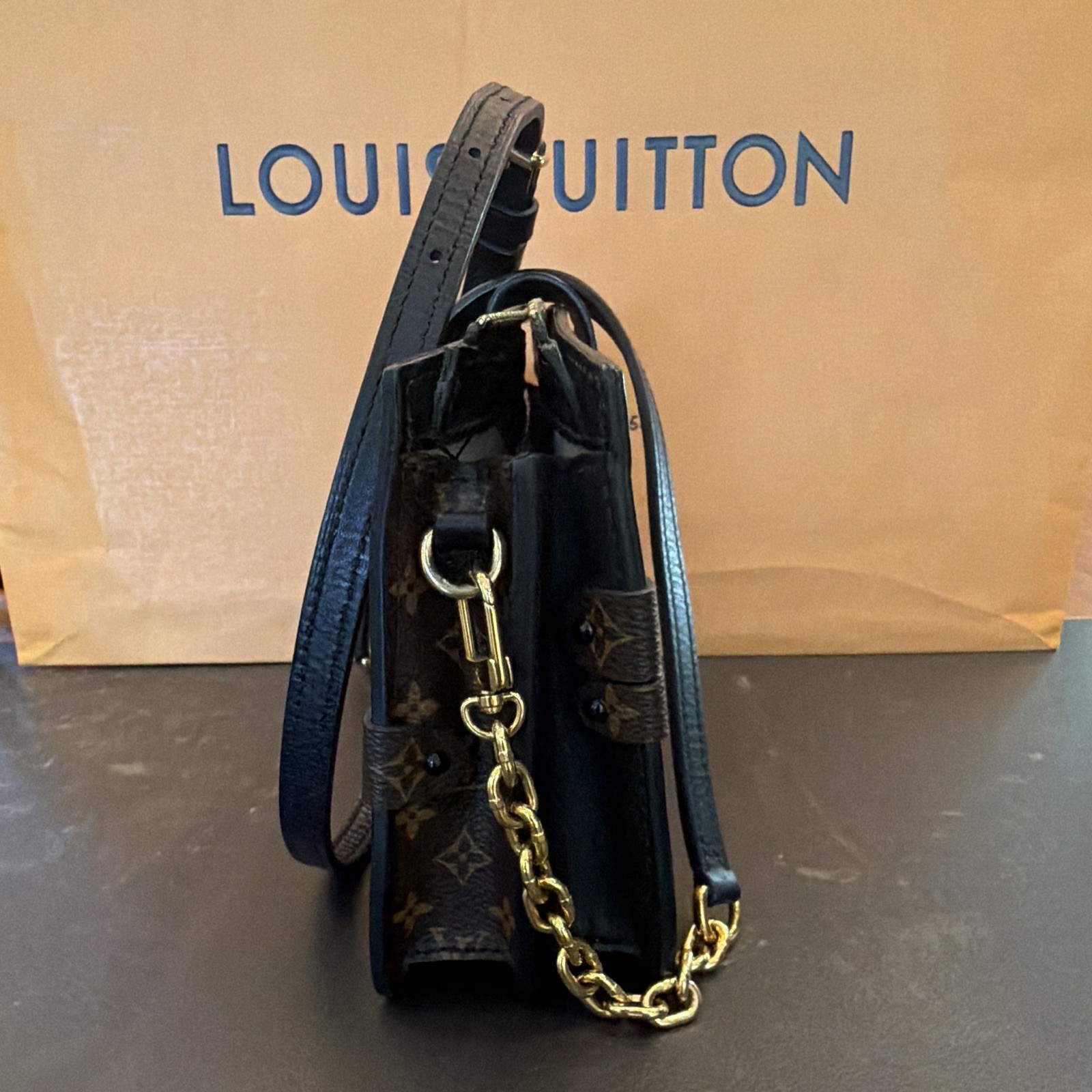 Louis Vuitton Monogram Chain Strap Crossbody Gold Hardware Zip Top Push Lock