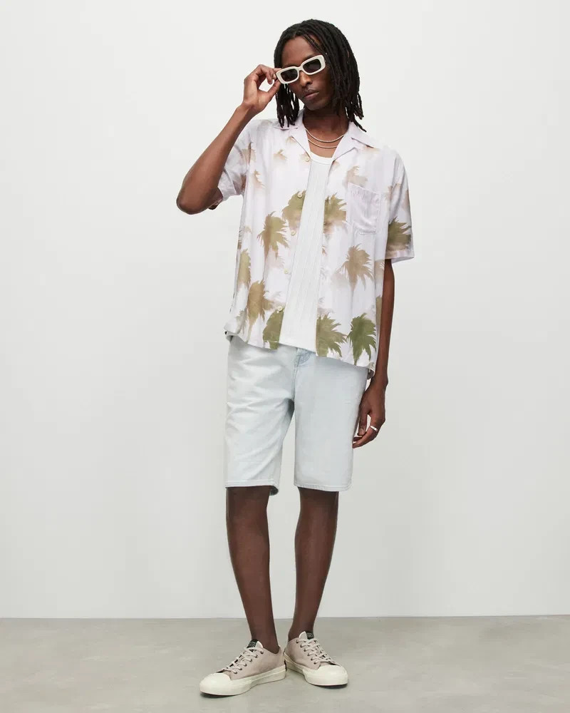 Allsaints Mens Shirt 2XL Pink Floral Loop Collar Island Short Sleeve Relaxed
