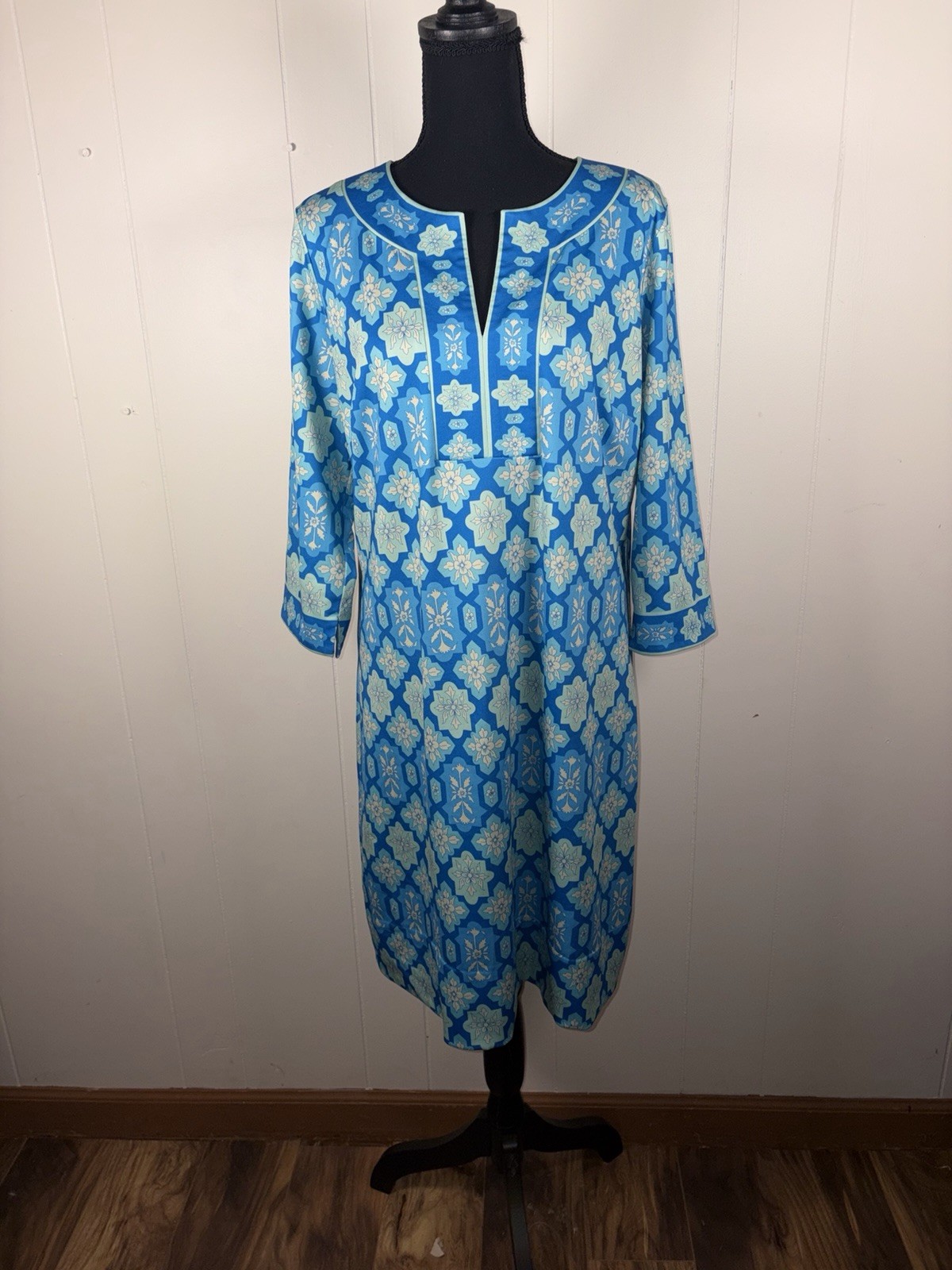 Gretchen Scott Split Neck Jersey Dress Turquoise Geometric Print Large
