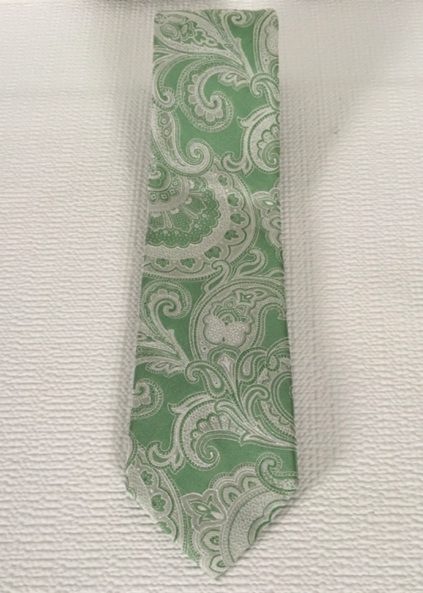 Paul Fredrick Neck Tie Green Silver Paisley 100% Silk 3.25 in Wide 59 in Long