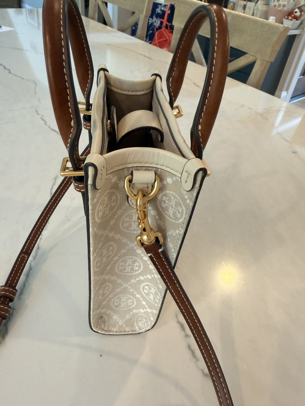 Authentic Tory Burch T Monogram Ivory Mini N/S Tote Crossbody Purse Bag 150217