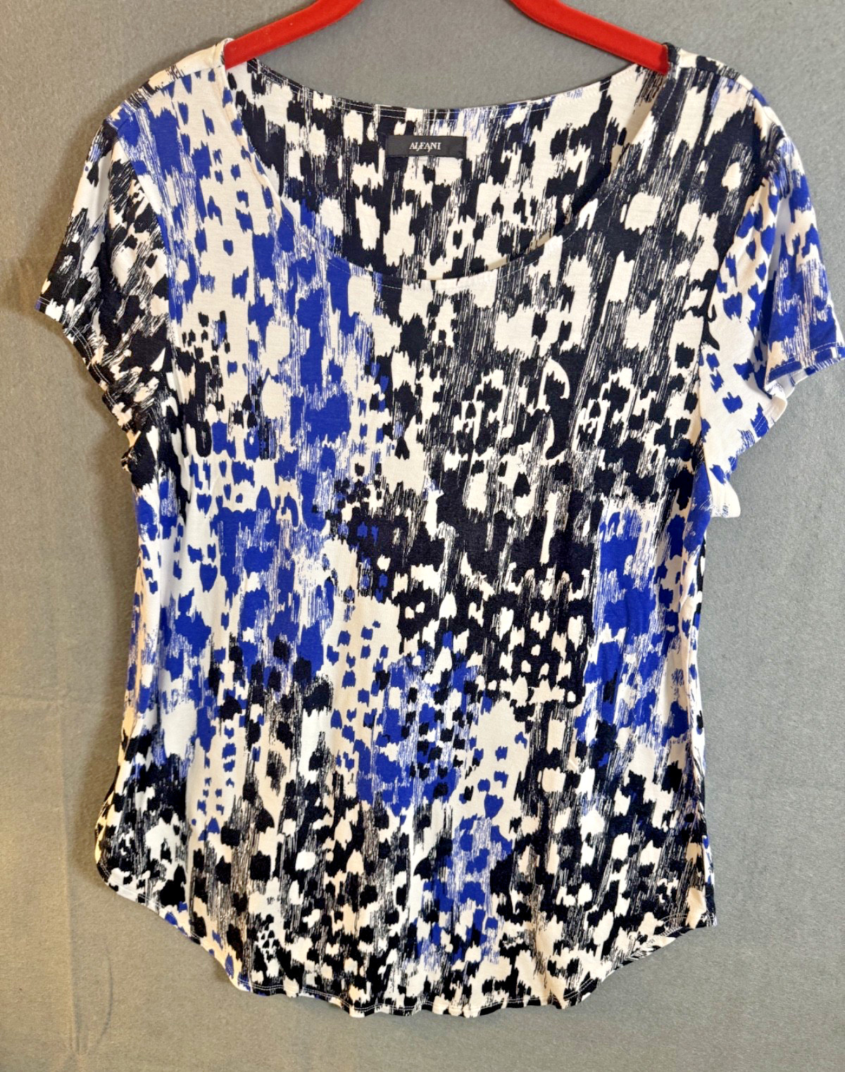 Alfani Blouse Small Blue Black Geometric Abstract Print Cap Sleeve Top Career