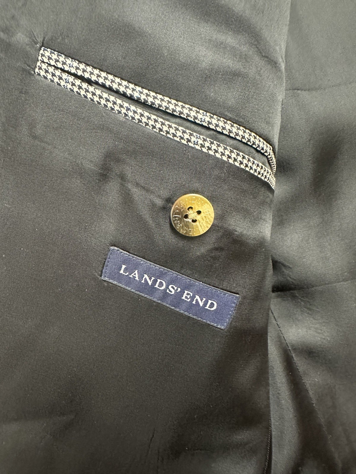 Lands’ End Blazer Men’s 43L Gray Hondstooth Wool 2-Button Gold Button Sport Coat