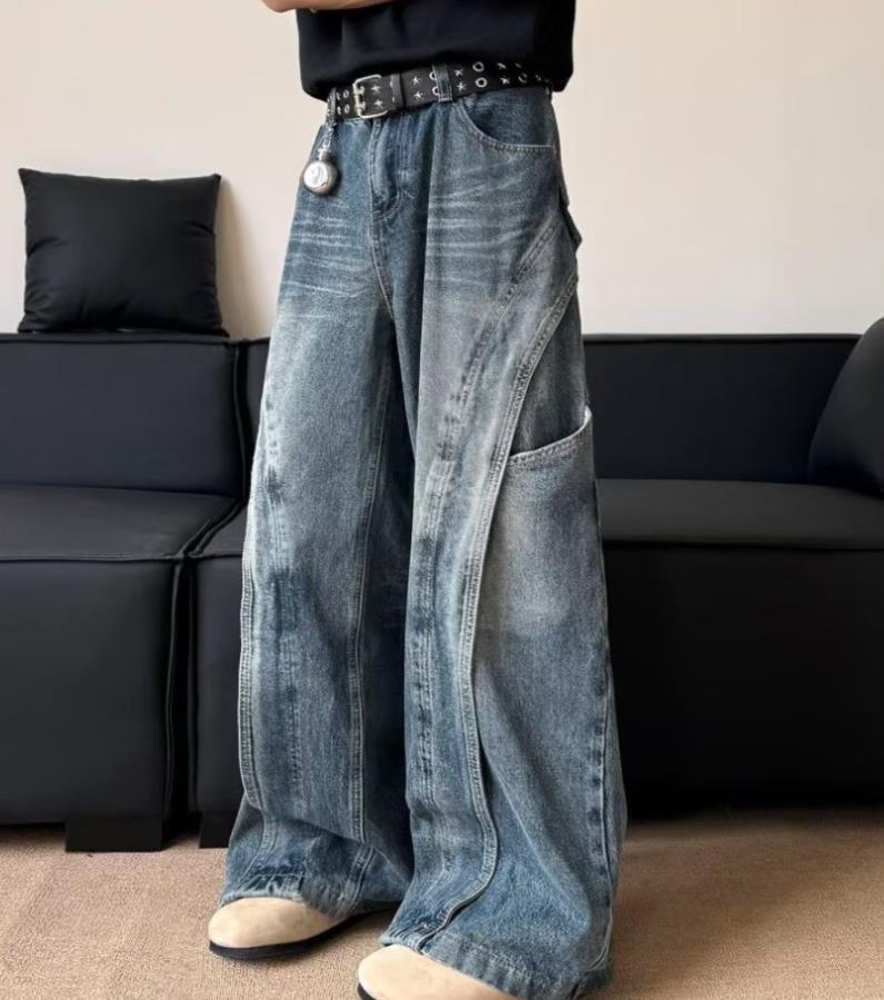 Men’s Retro Blue Denim Loose Fit Jeans Pockets Punk Hip Hop Trousers Casual New