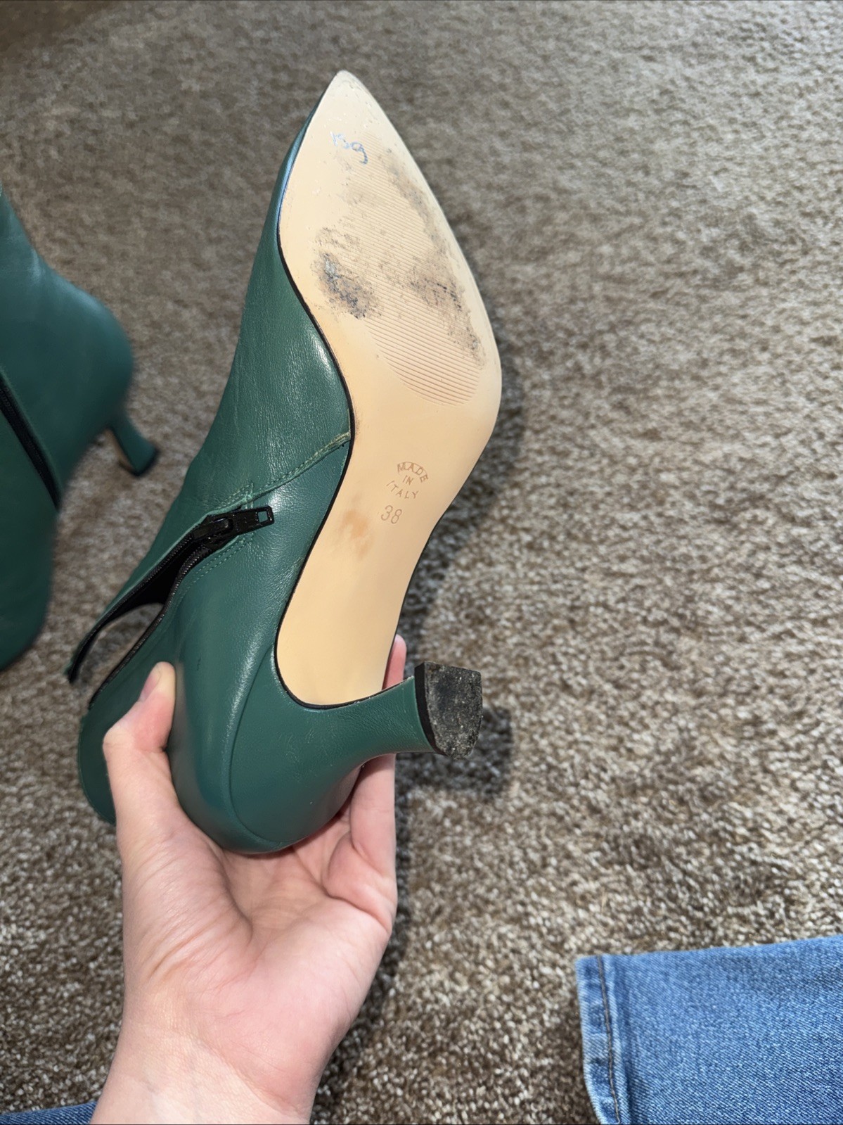 Clizia Italy Emerald Green Leather Pointed Toe Ankle Boots Vera Pelle [38]