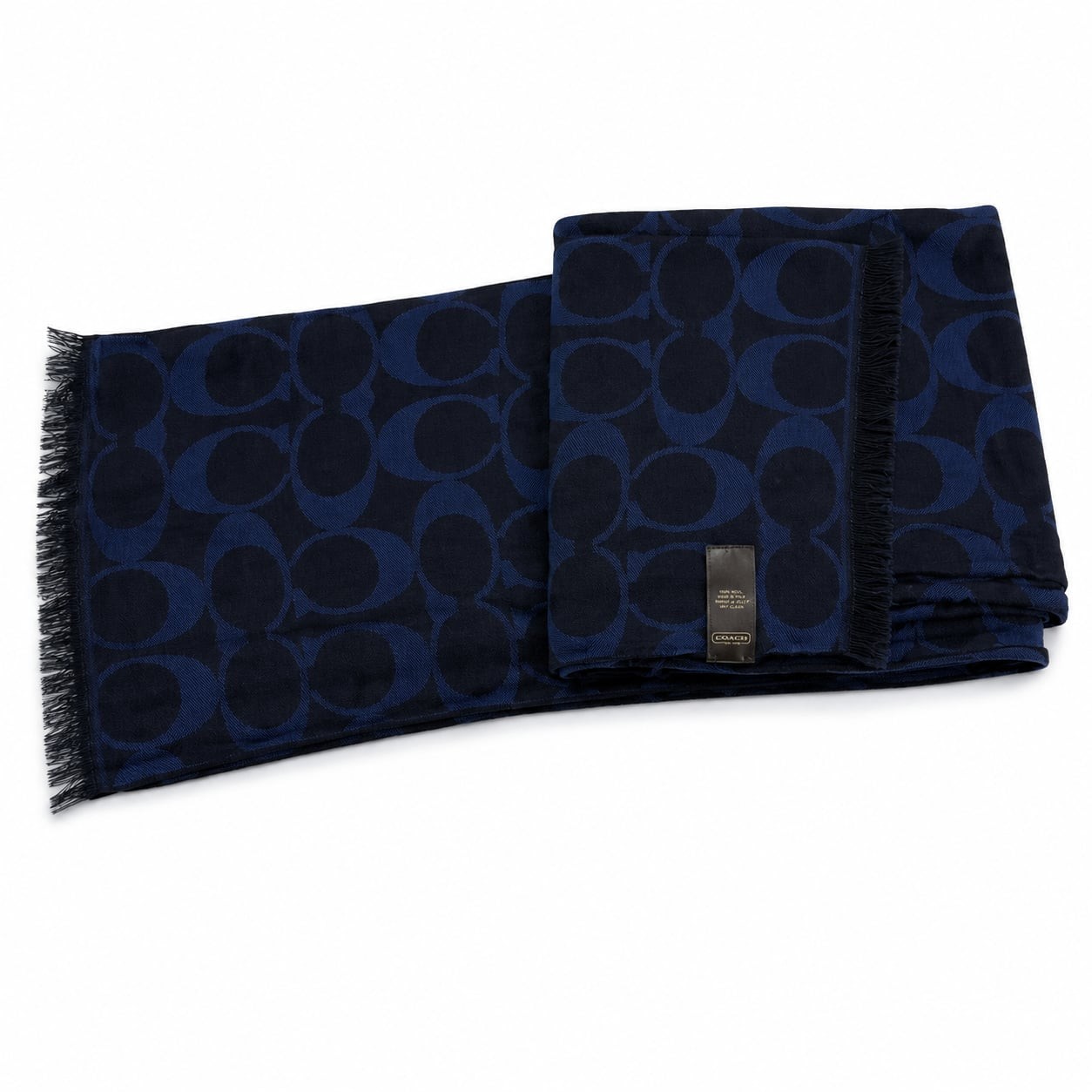Coach Signature Logo Viscose Fringed Scarf Navy Blue