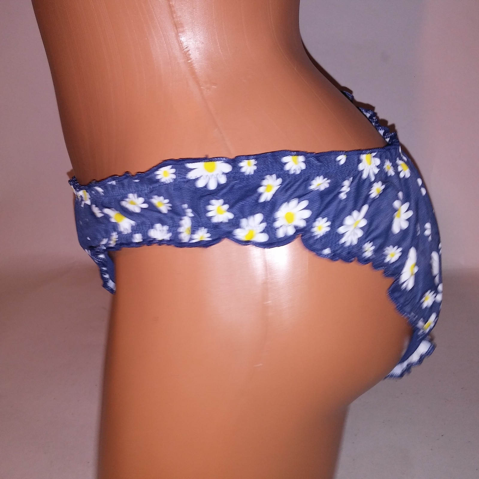Victoria Secret PINK Swim Bikini Bottom Blue White Ruffle Cheeky Daisy Floral