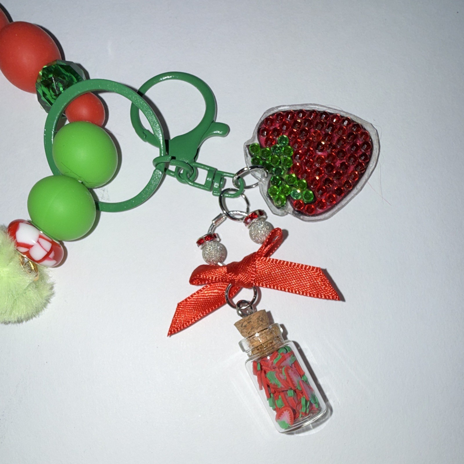 Red & Green Strawberry Beaded Wristlet Key Chain/Bag Charm w/Bow & Pom Pom
