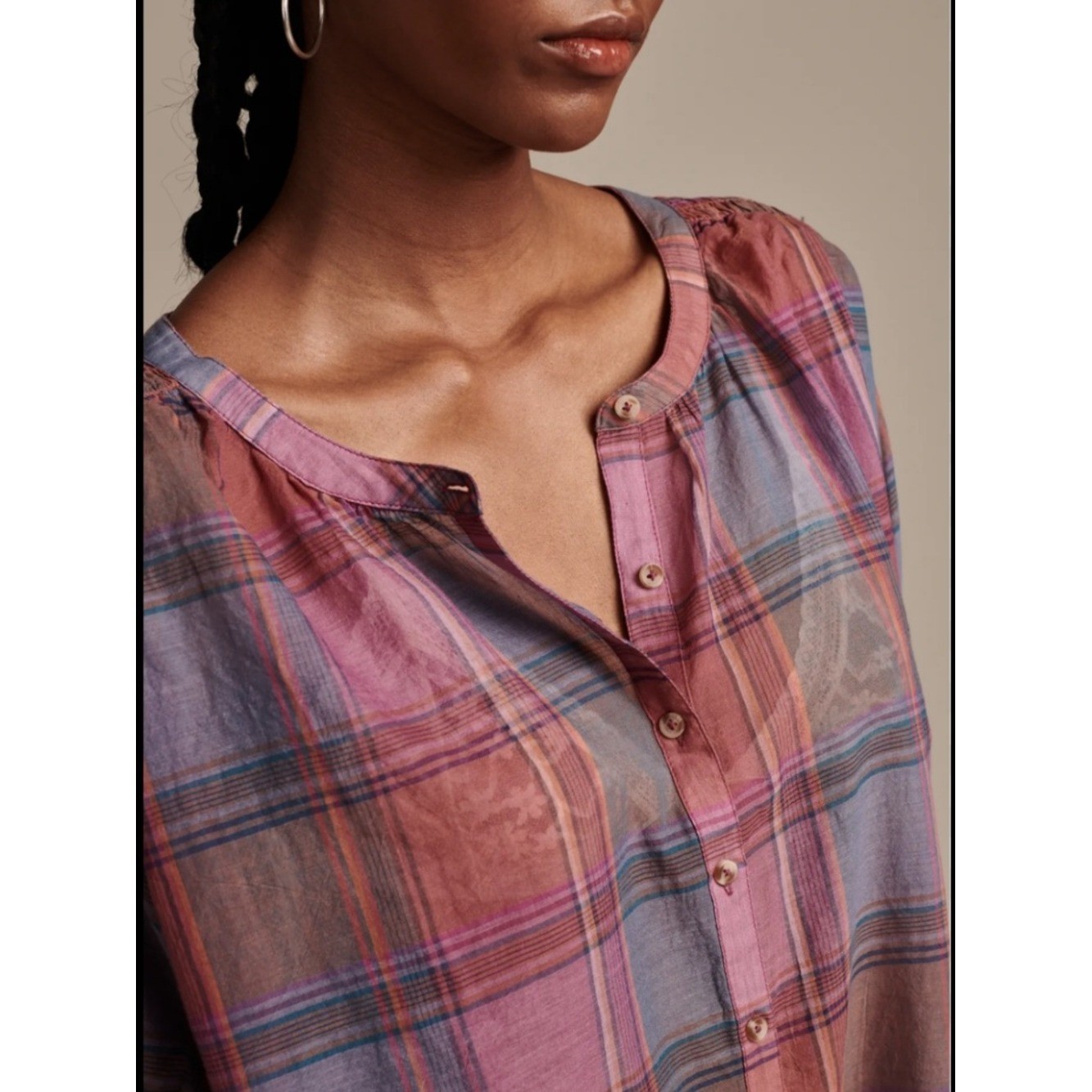 Lucky Brand Pink & Purple Plaid Smocked-Shoulder Blouse light summer top
