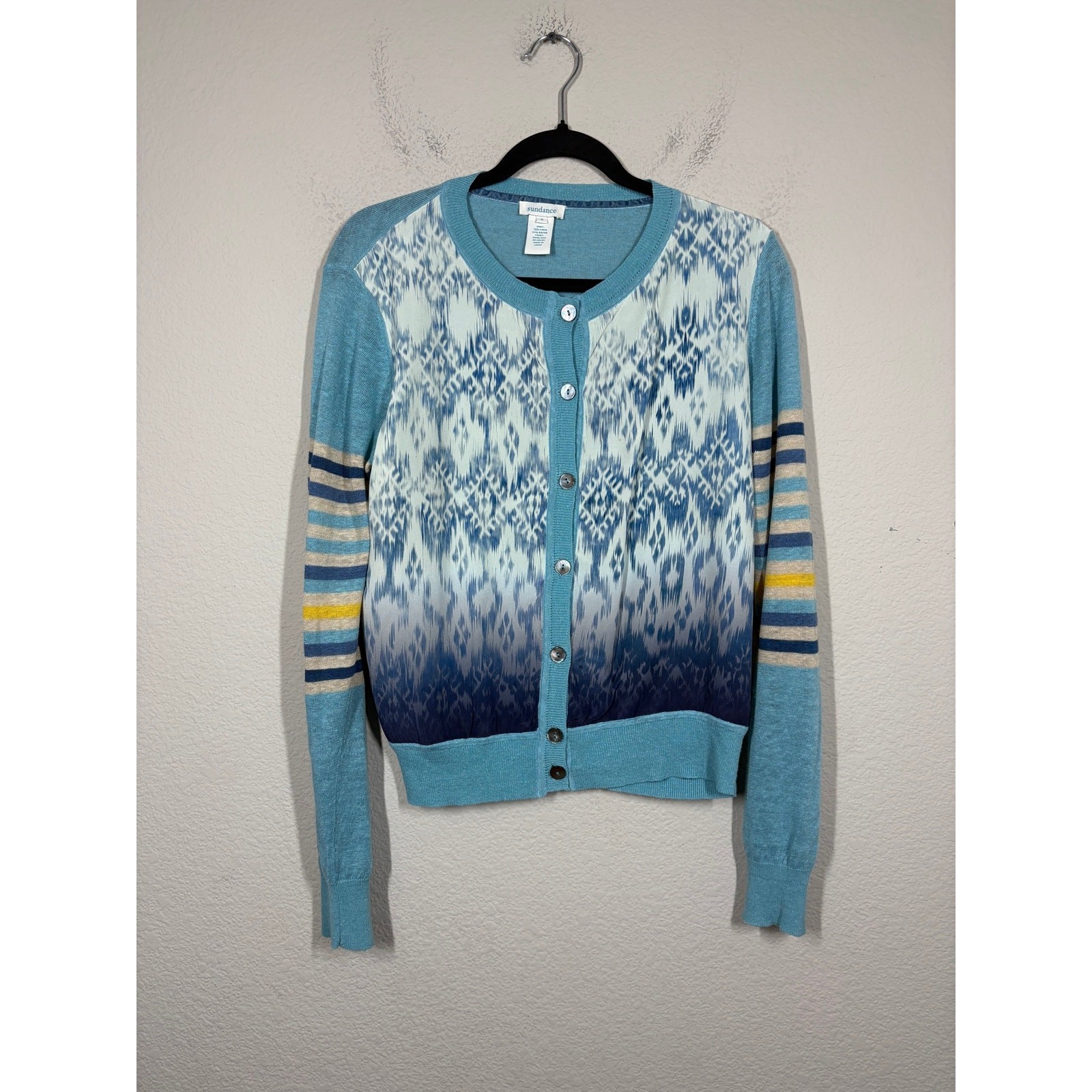 Sundance Small Ikat Joy Cardigan Sweater Blue Linen Silk Rayon Blend Button Up