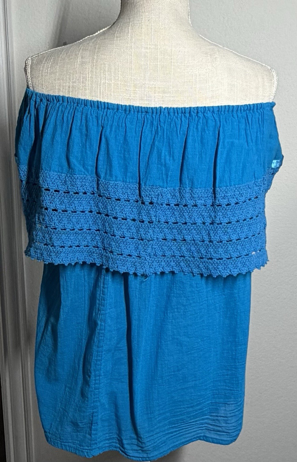 Mexican Blouse Blue Womens L / XL Floral Embroidery Lace Trim Off The Shoulder