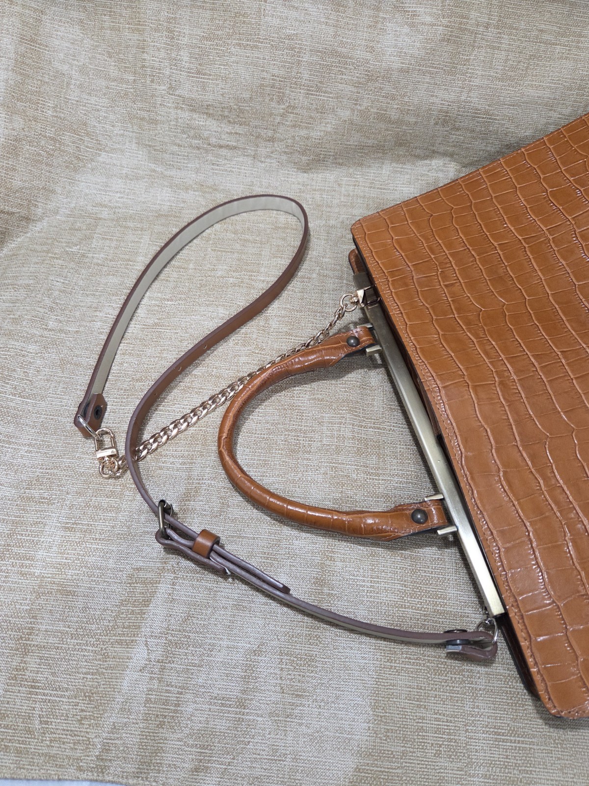Claudia Firenze Vtg Lg Brown Croc Embossed Top Handle Satchel Detachable Strap