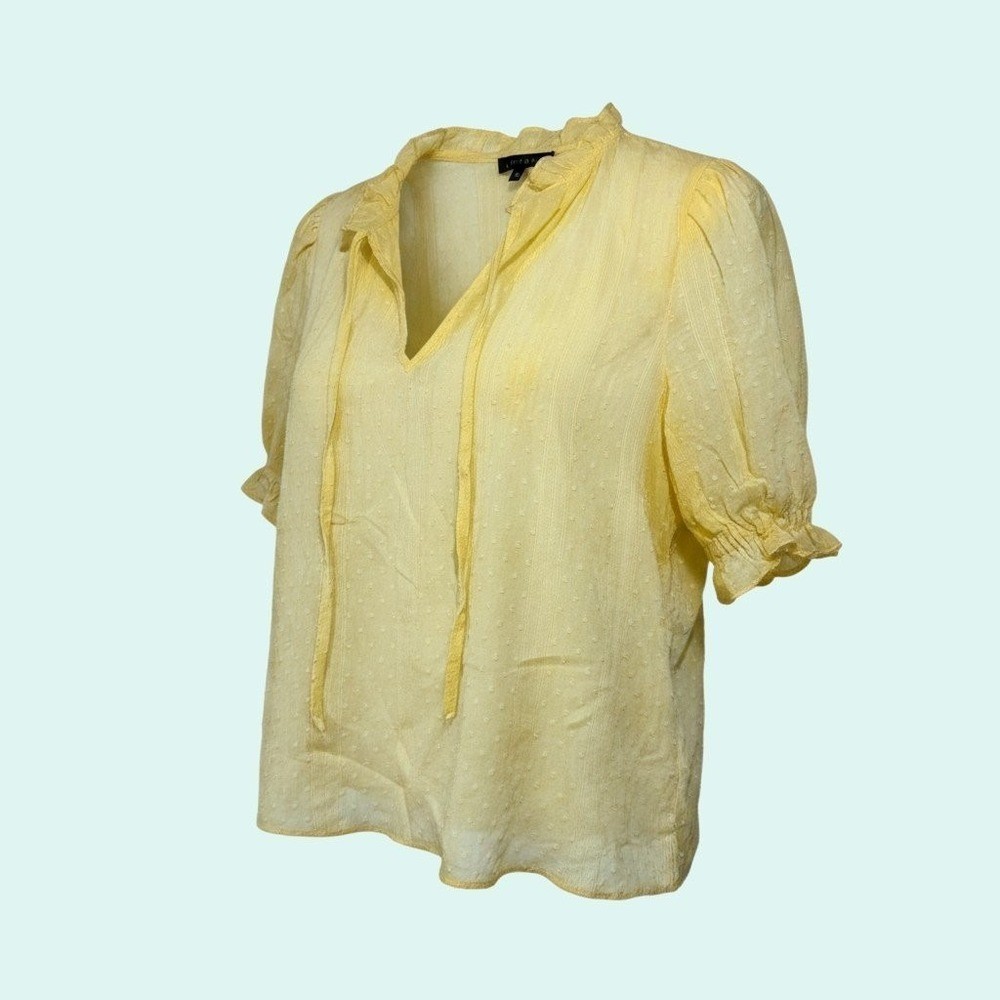 1 STATE Women’s Yellow XS Swiss Dot Ruffle Tie V-Neck Puff Sleeve Top