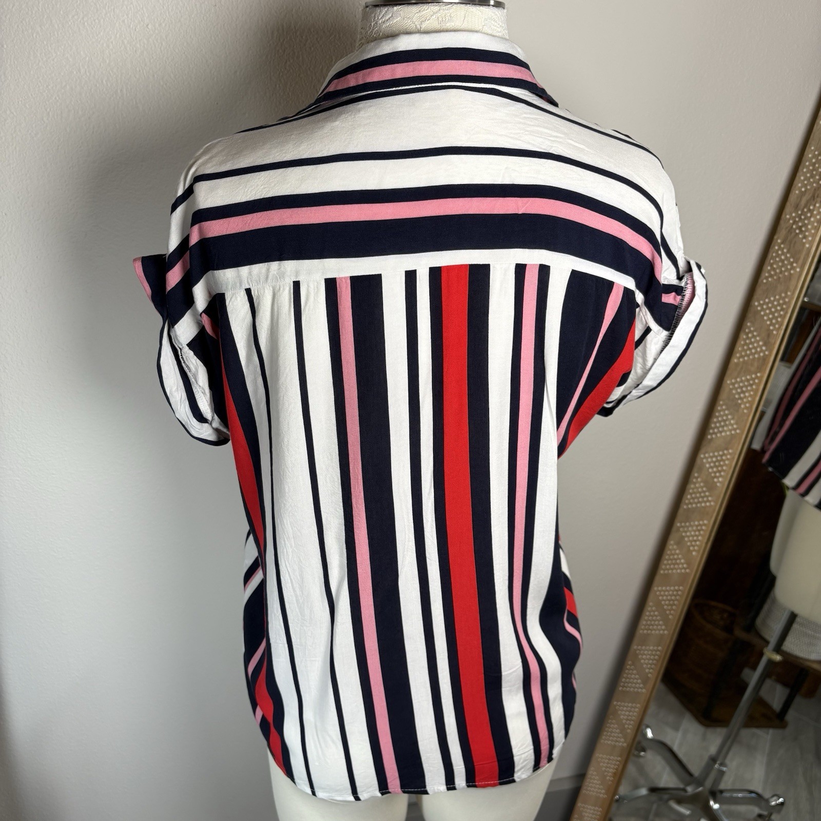 Love Notes Women’s Large ~ Red Pink Blue White Striped Button Up Blouse