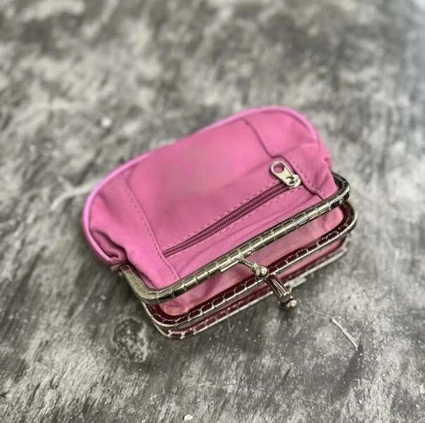 Pink Genuine Leather Woman Coin Purse Double Frame Change Wallet