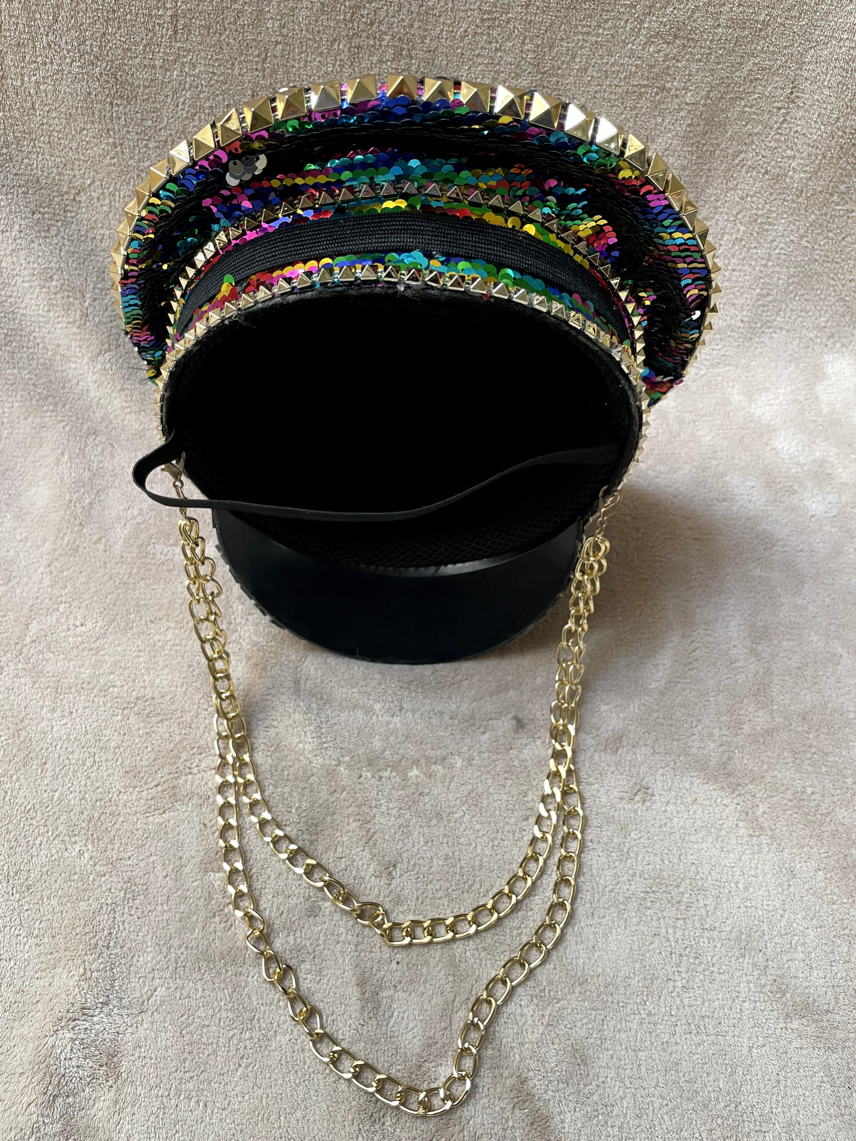 Hat Sequin Festival Military Punk Army Officer Cap 7 3/8″ Inner + Strap + Chains