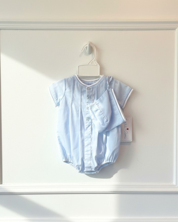 NWT Petit Ami Blue Train Car Romper Newborn NB Hat Baby Boys Bubble 2pc sz 0