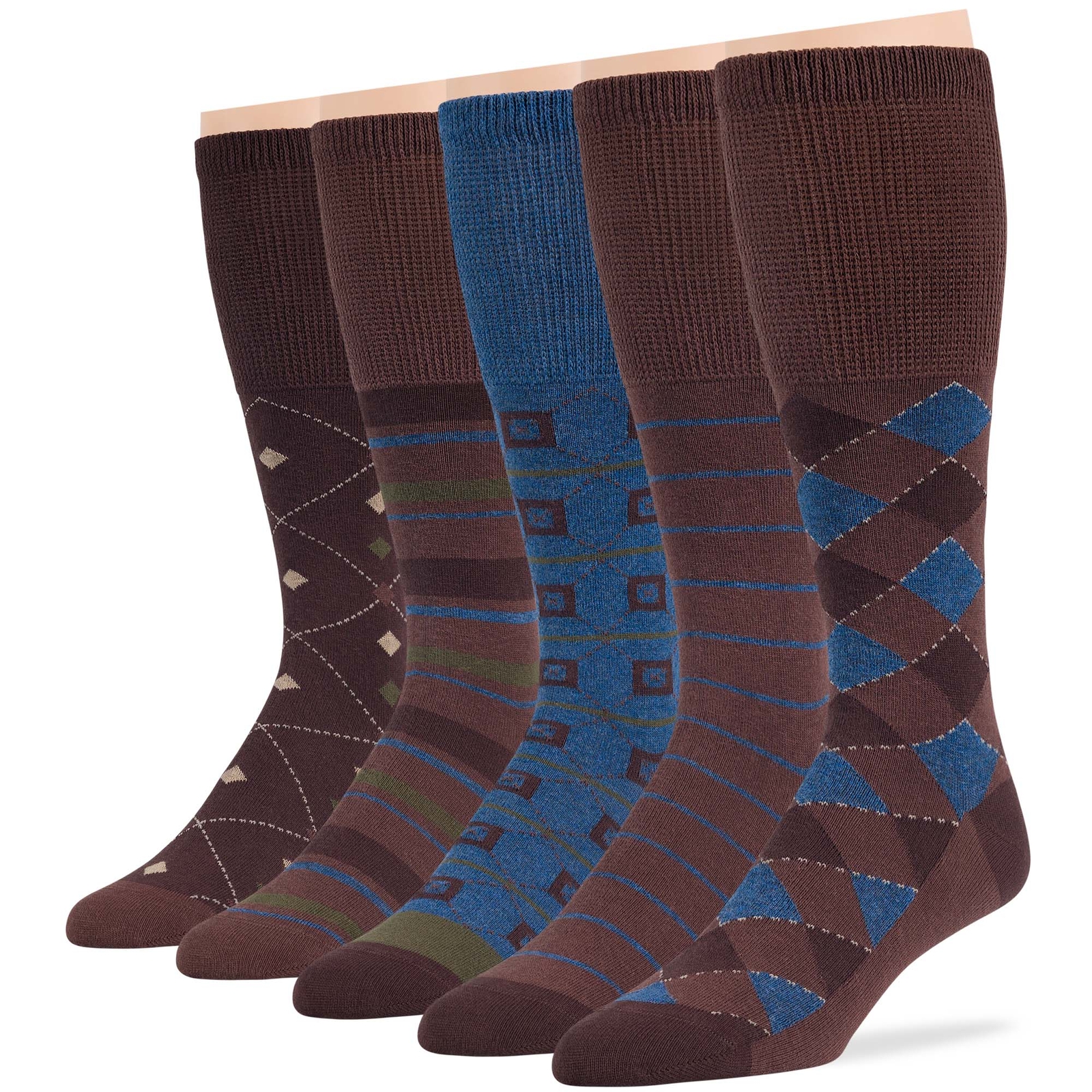 Men Diabetic Cotton Mid-Calf Socks 5 Pack XLarge Argyle Stripe Brown Denim Blue