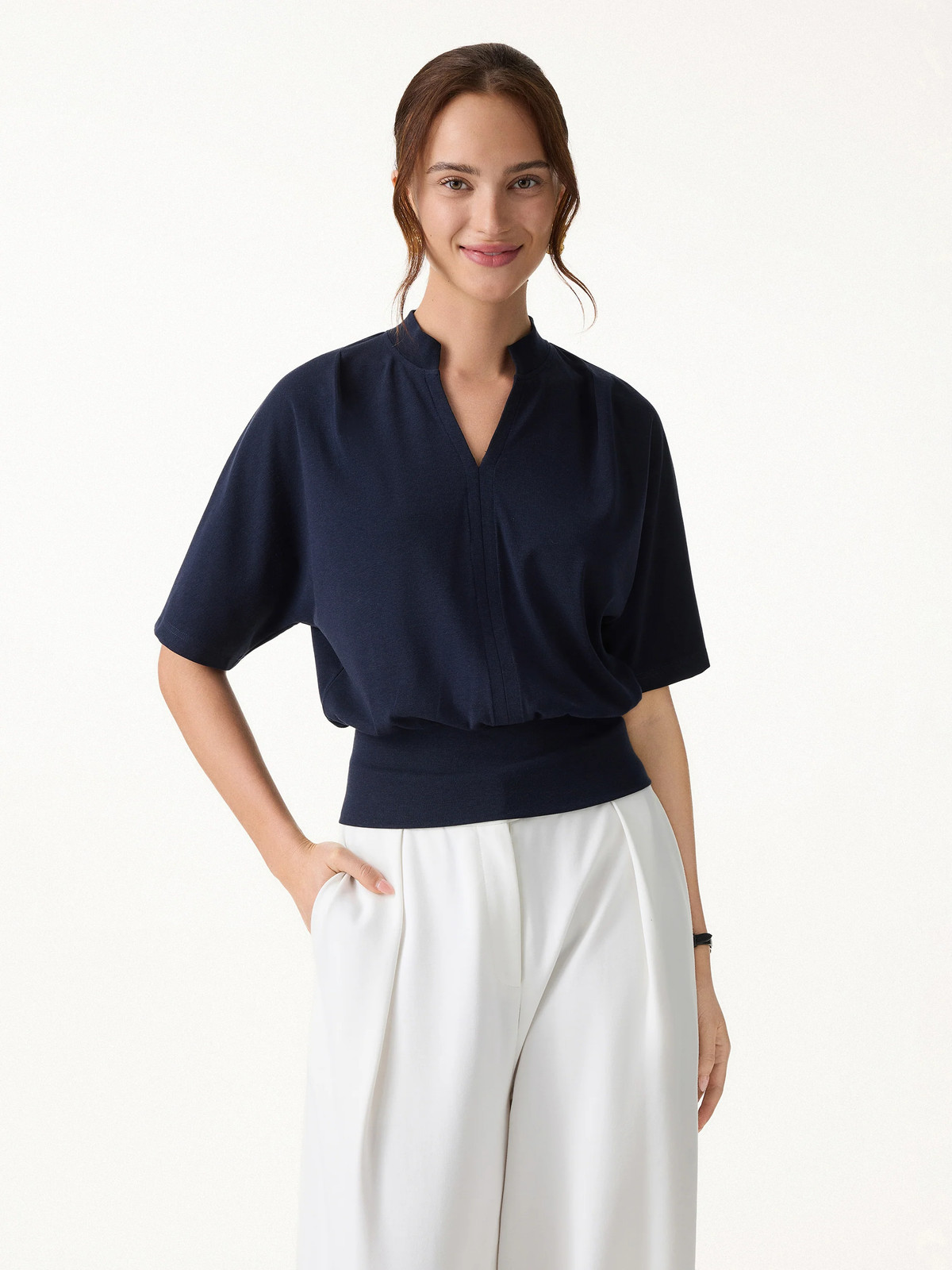OGL Stand Collar V-Neck Short Sleeve Top