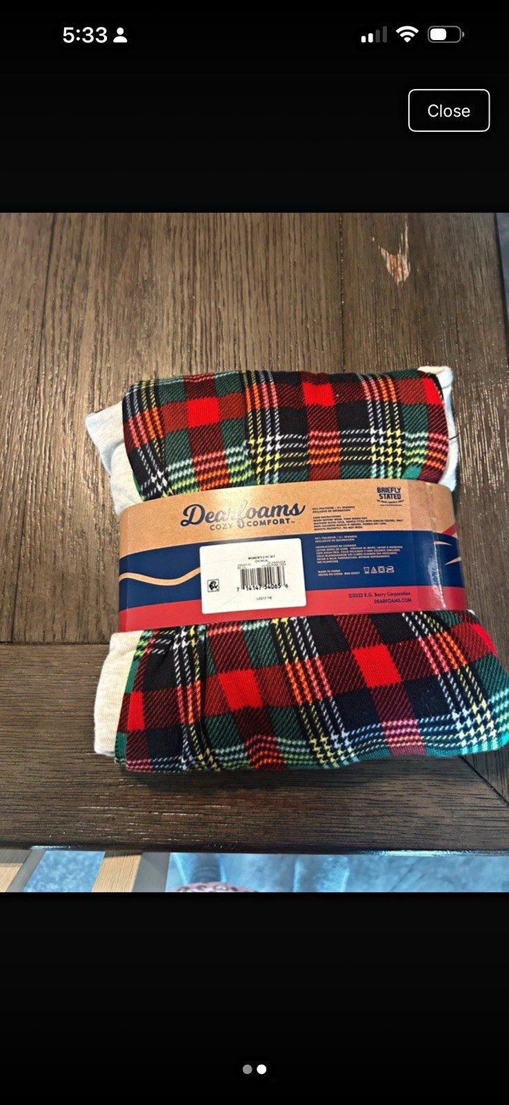Dearfoams Women’s 2-Pc Pajama Set Plaid Bear Theme Crew Neck Long Sleeve L/G