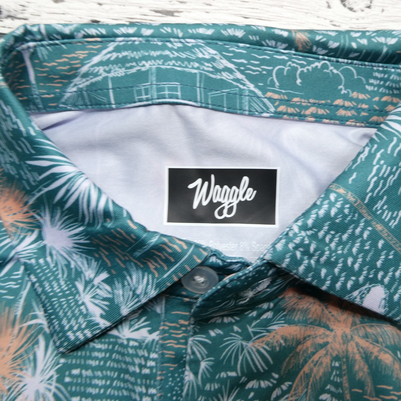 Waggle Polo Shirt Mens M Green Tropical Island Cabana Print Polyester Stretch