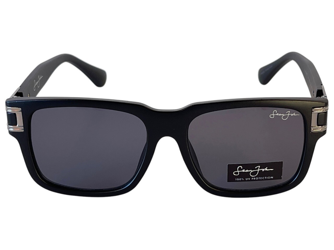 Sean John Matte Black & Silver Designer Sunglasses Dark Grey Tint UV Lenses NWT