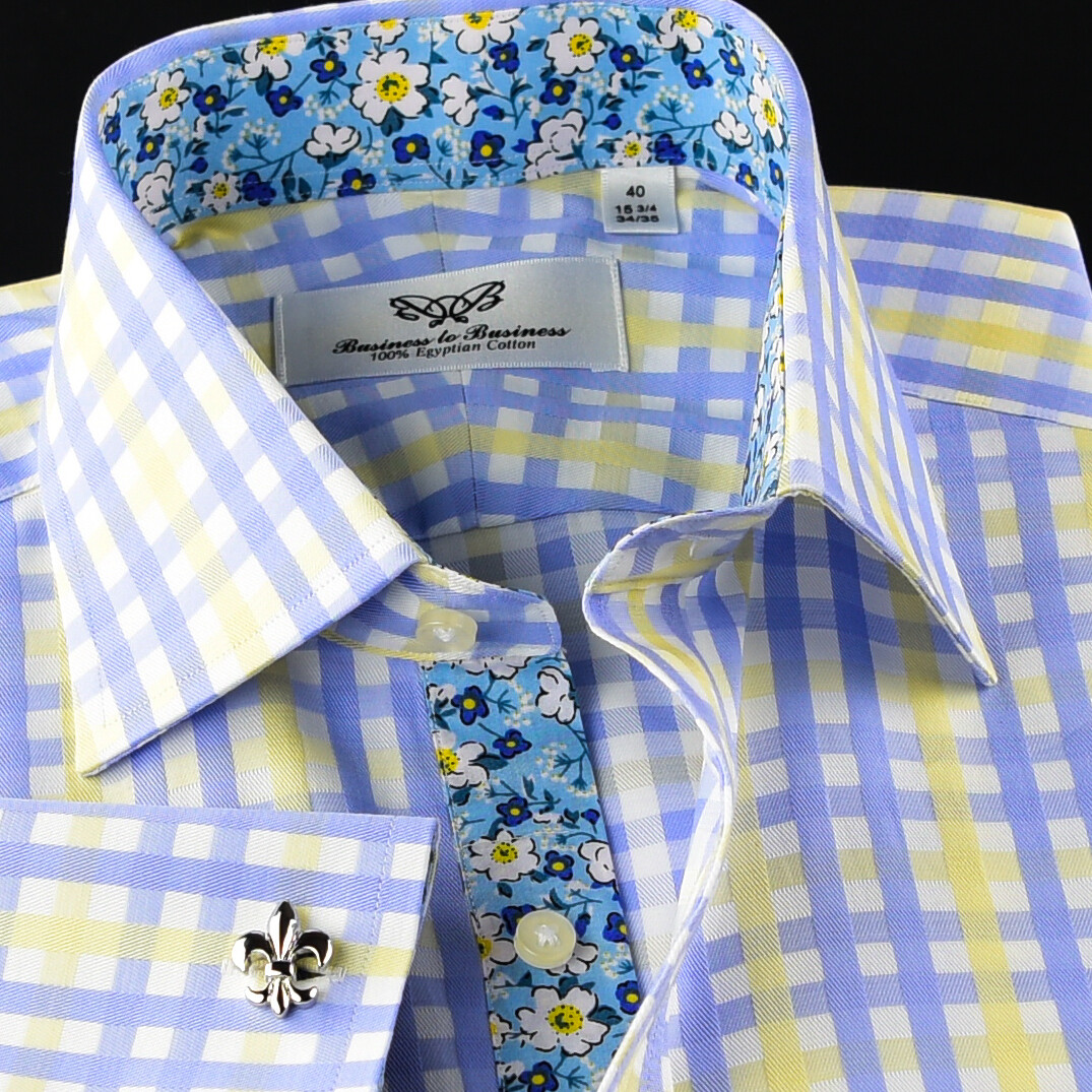 Mens Blue & Yellow Check Formal Business Dress Shirt Italian Floral Daisy Inner