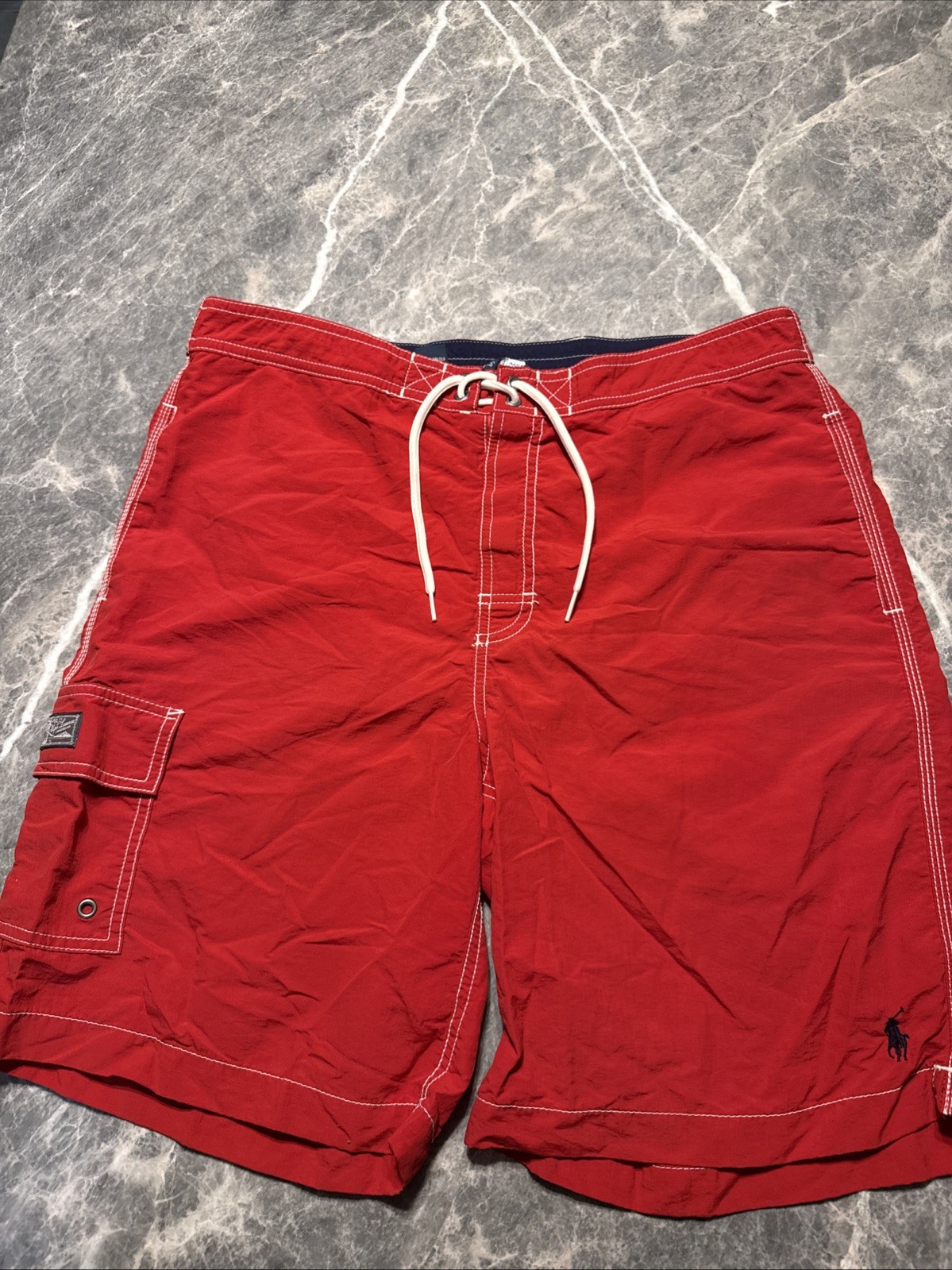Polo by Ralph Lauren Men’s Swim Trunk Shorts Red with Black Pony Medium Vintage