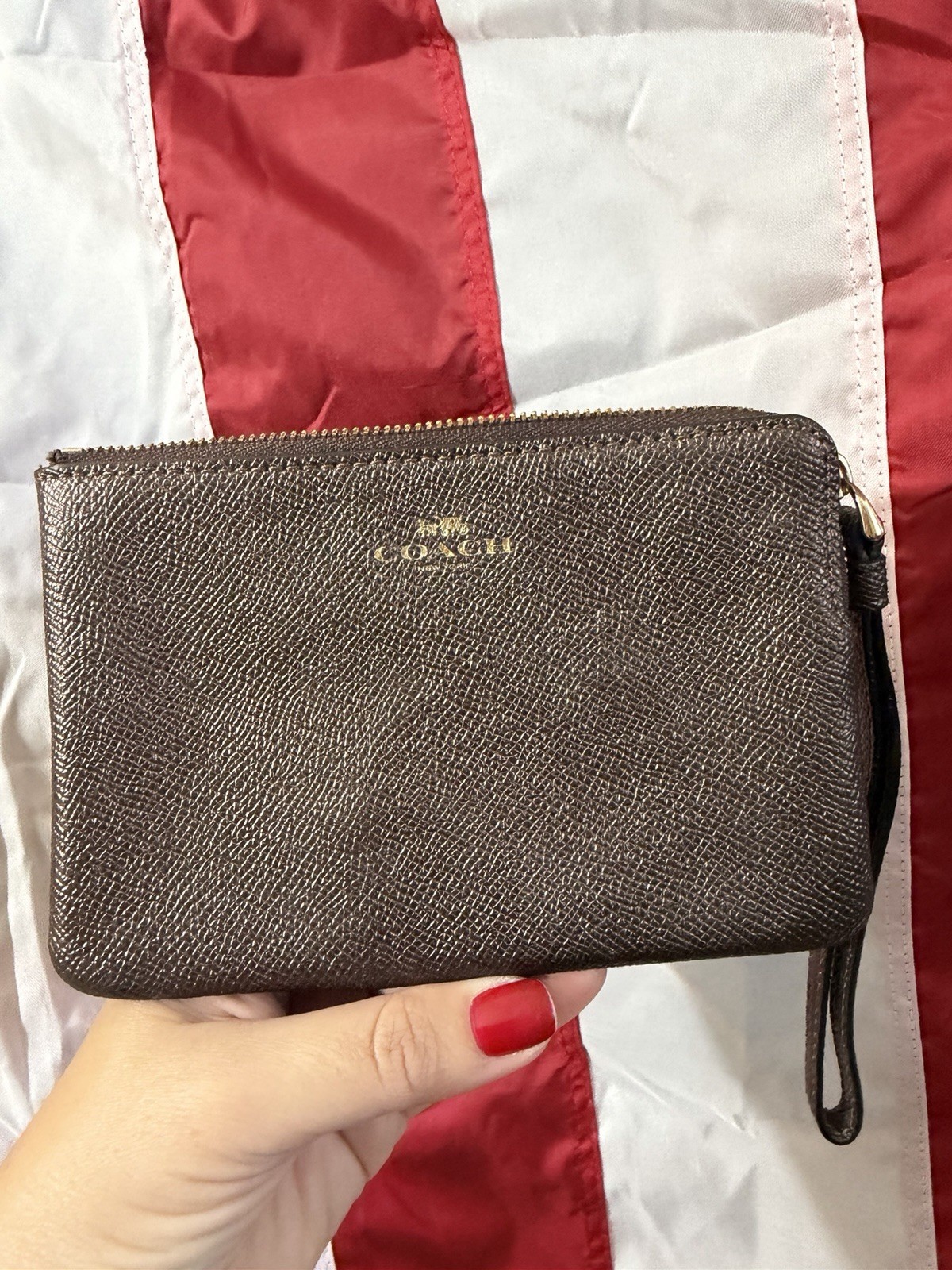 Coach Brown Zip Wristlet Wallet with Wrist Strap Logo Credit Card Slots