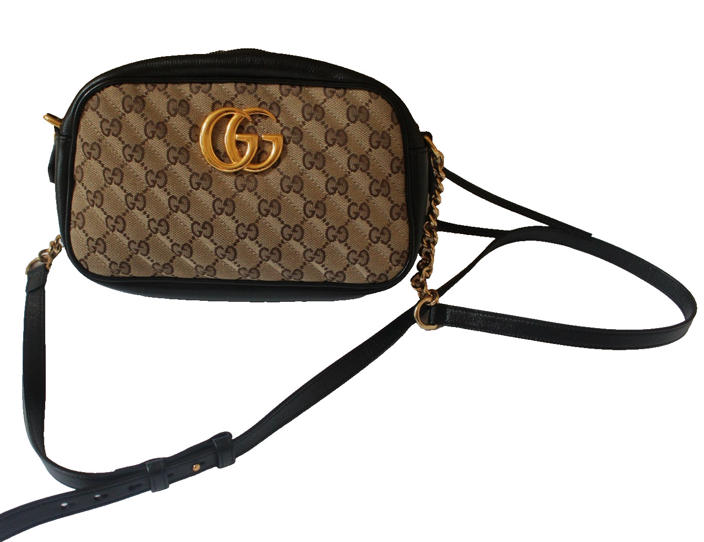 Gucci GG Diagonal Quilted Marmont Camera Bag in Beige & Ebony
