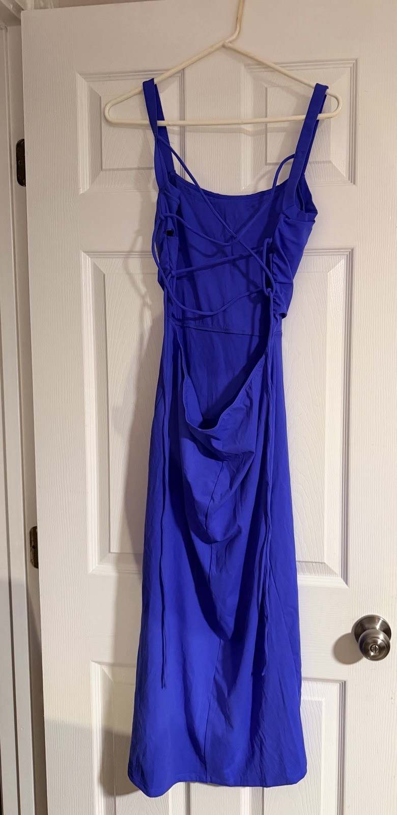 Halara Blue Midi Slip Dress L Square Neck Strappy Tie Back Stretch